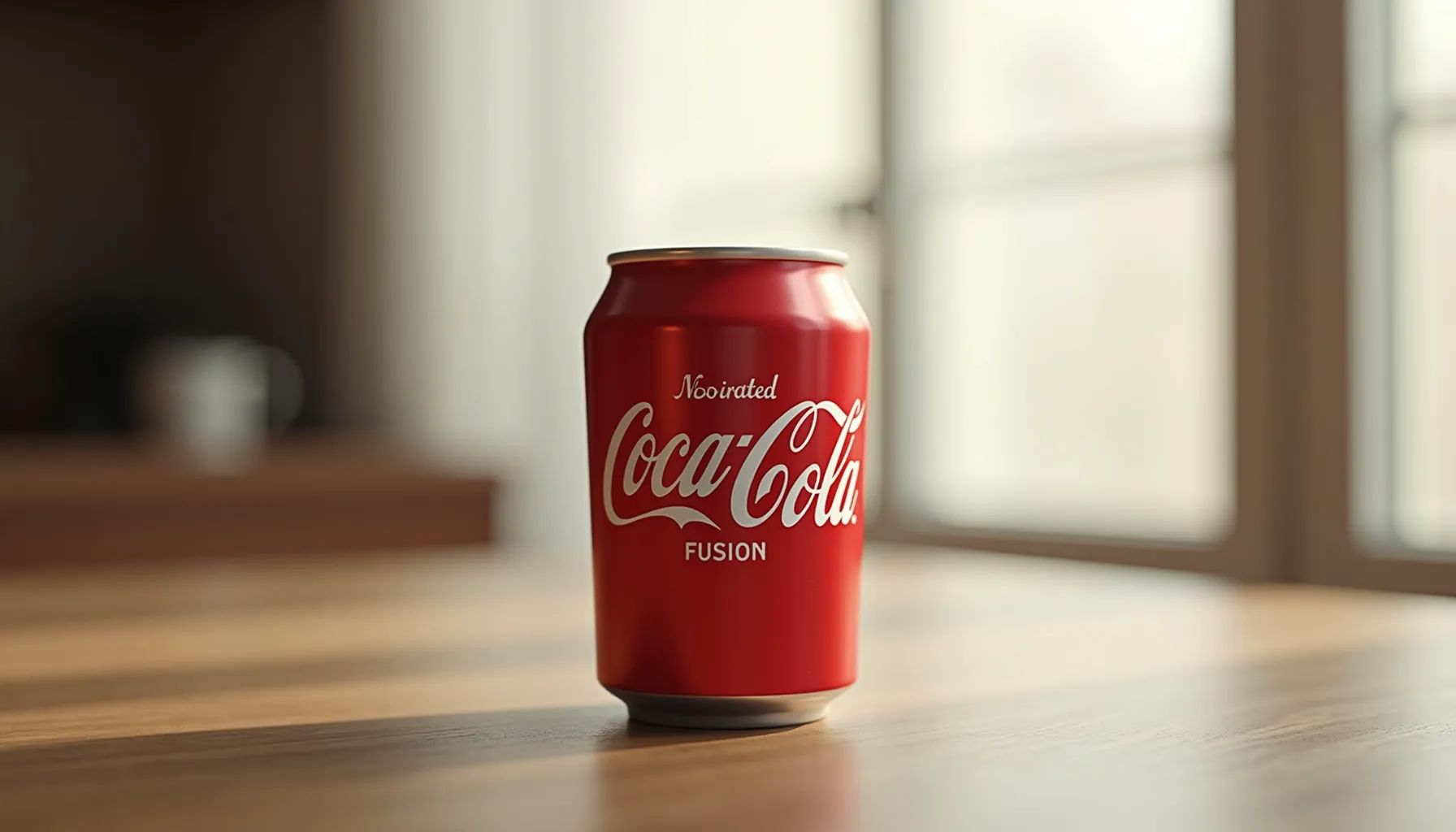 A can of coke coffee sits on a wooden table, highlighting its blend of classic cola and coffee flavors.