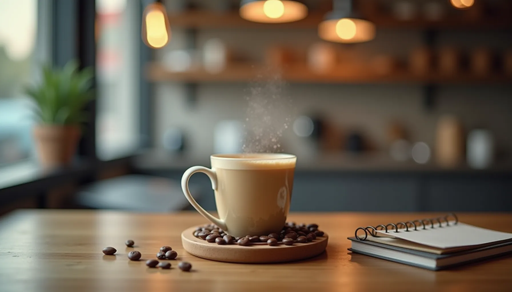 A steaming cup of thump coffee sits on a wooden table surrounded by coffee beans and a notebook.