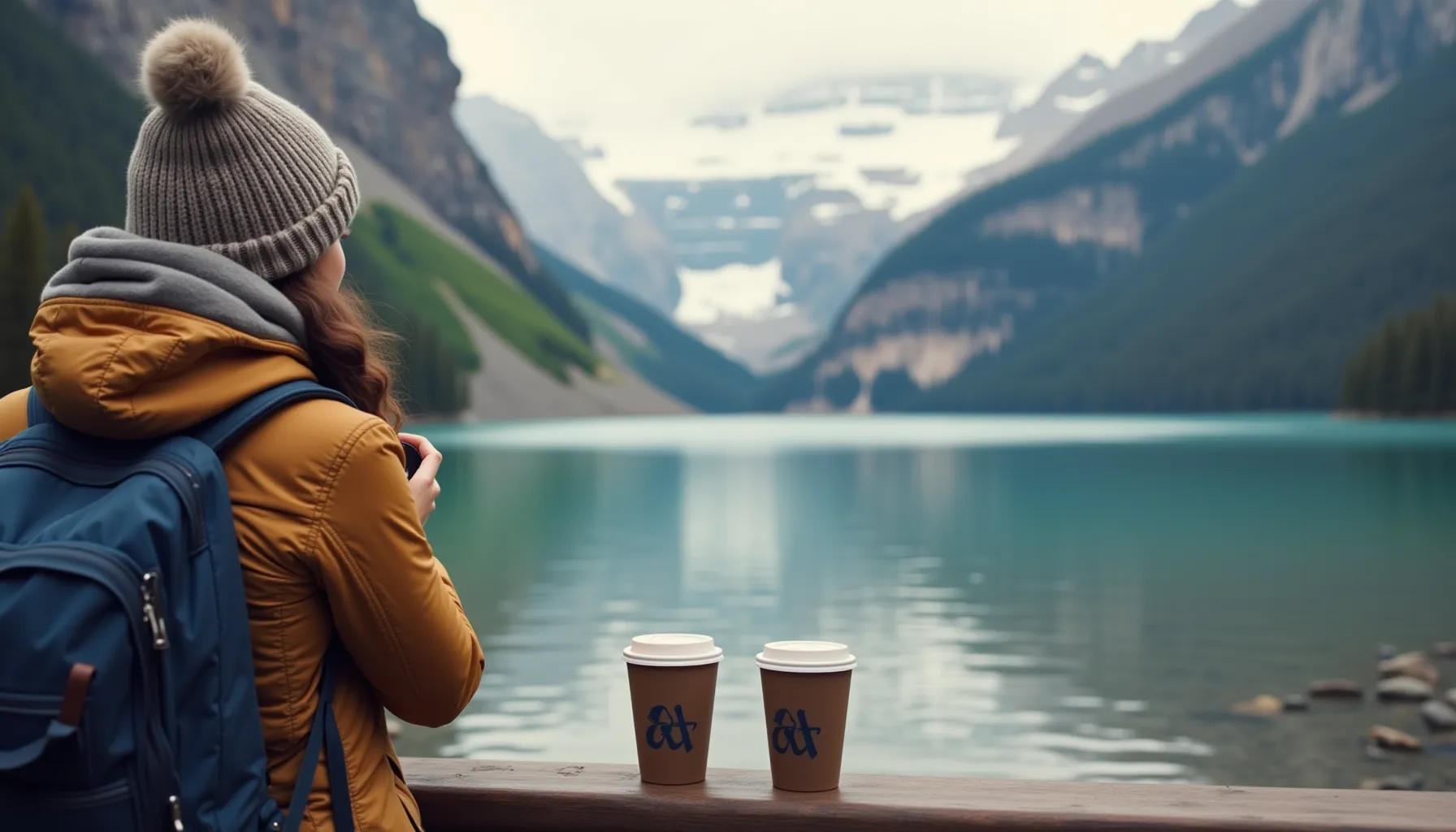 A person enjoys a scenic view with Starbucks Alaska cups by a tranquil lake and mountains.