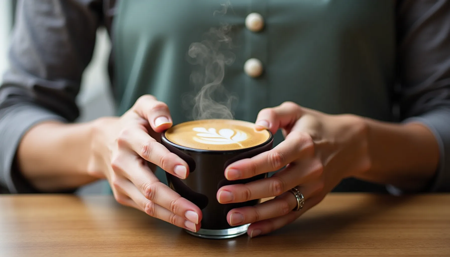 A person holding a steaming cup of jubala coffee with latte art on a wooden table.