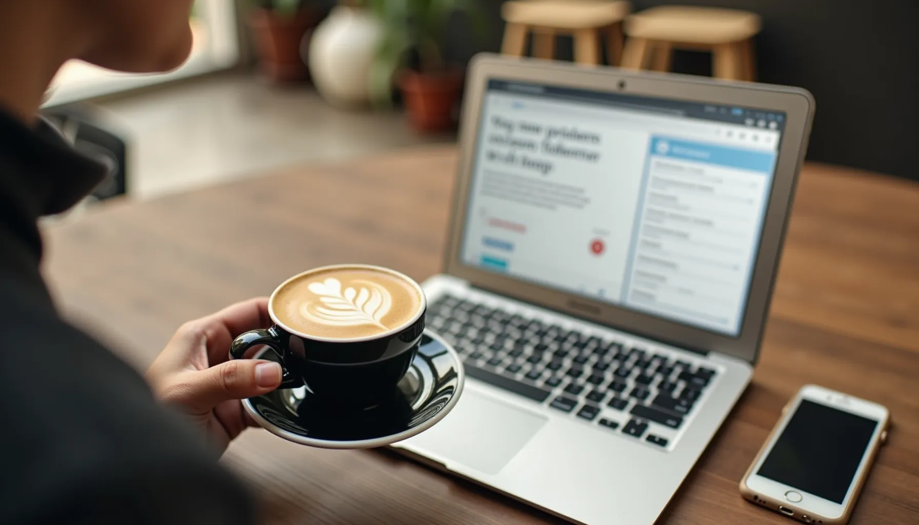 A person enjoys a latte while working on a laptop in one of the cozy coffee shops Grand Rapids.