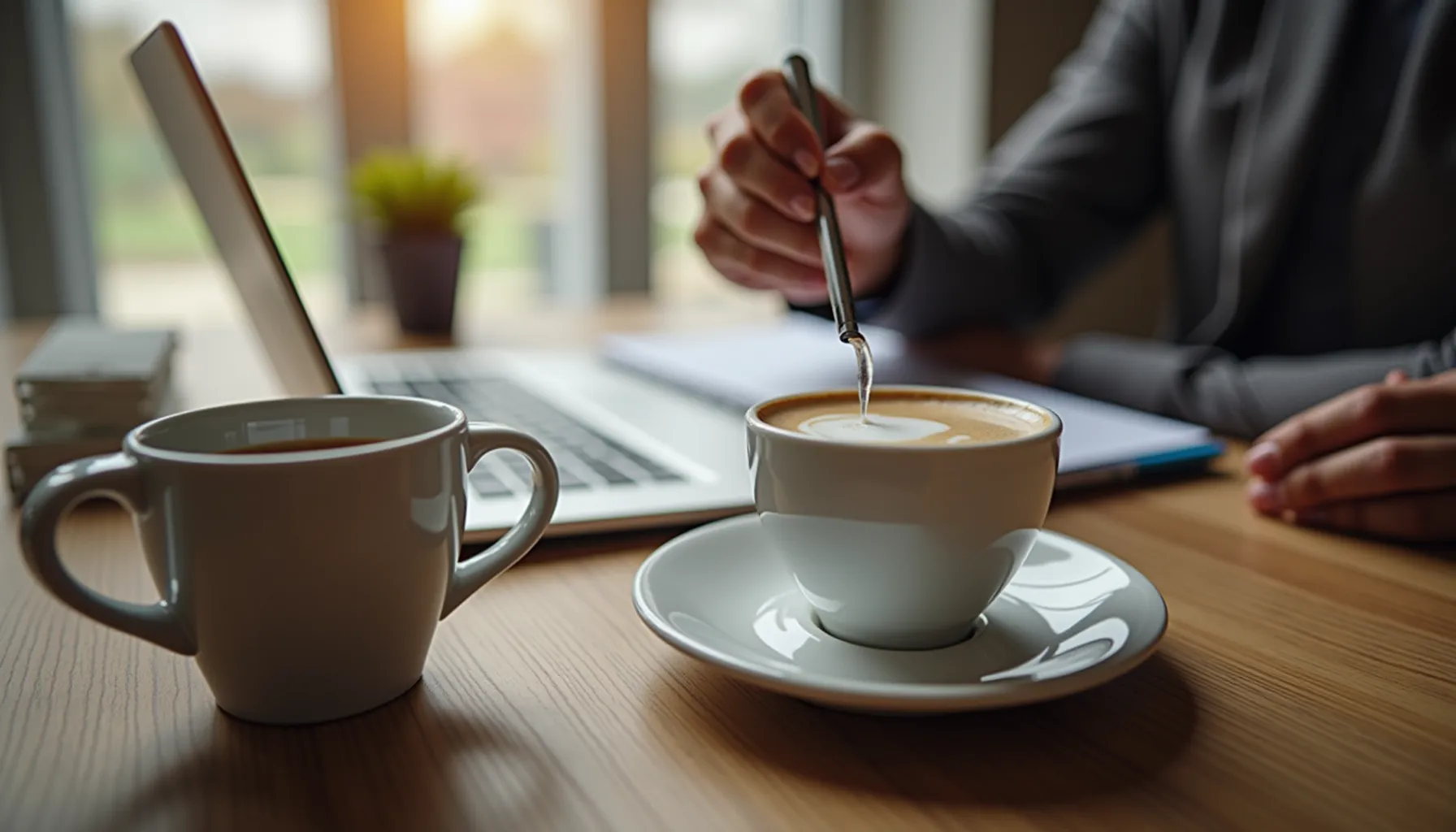 A person stirs a cup of greater goods coffee while working on a laptop at a wooden table.