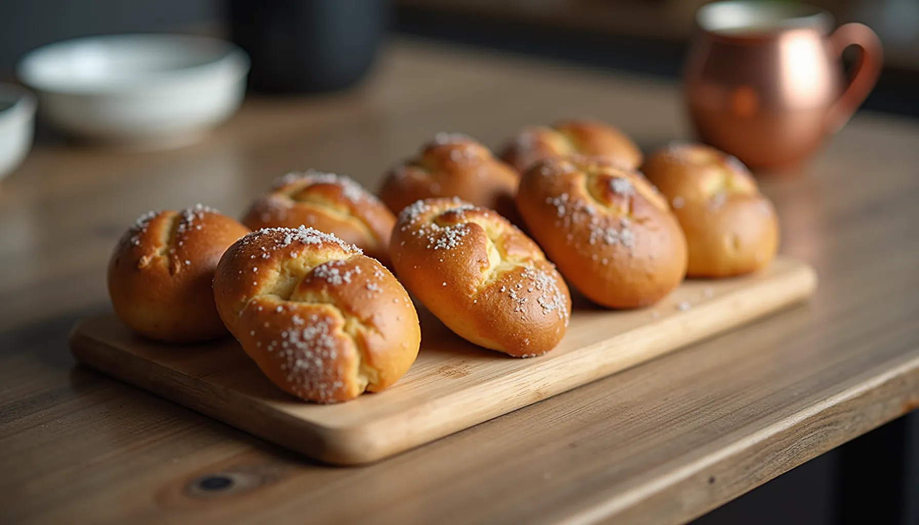 Freshly baked pastries from Marinas German Bakery El Paso displayed on a wooden serving board.