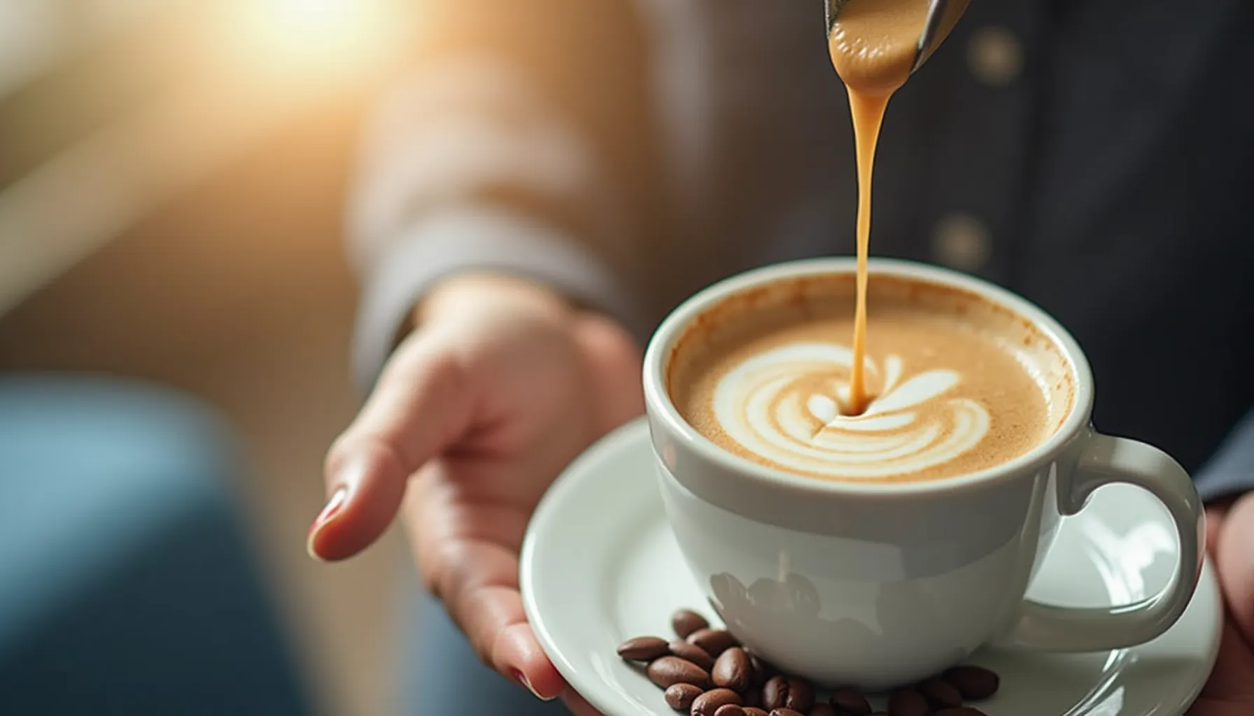 A hand serves a cup of weird brothers coffee topped with latte art and surrounded by coffee beans.