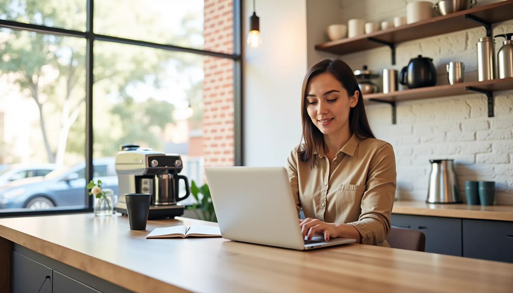 A woman works on her laptop with a cup of parable coffee on a wooden table in a bright café.