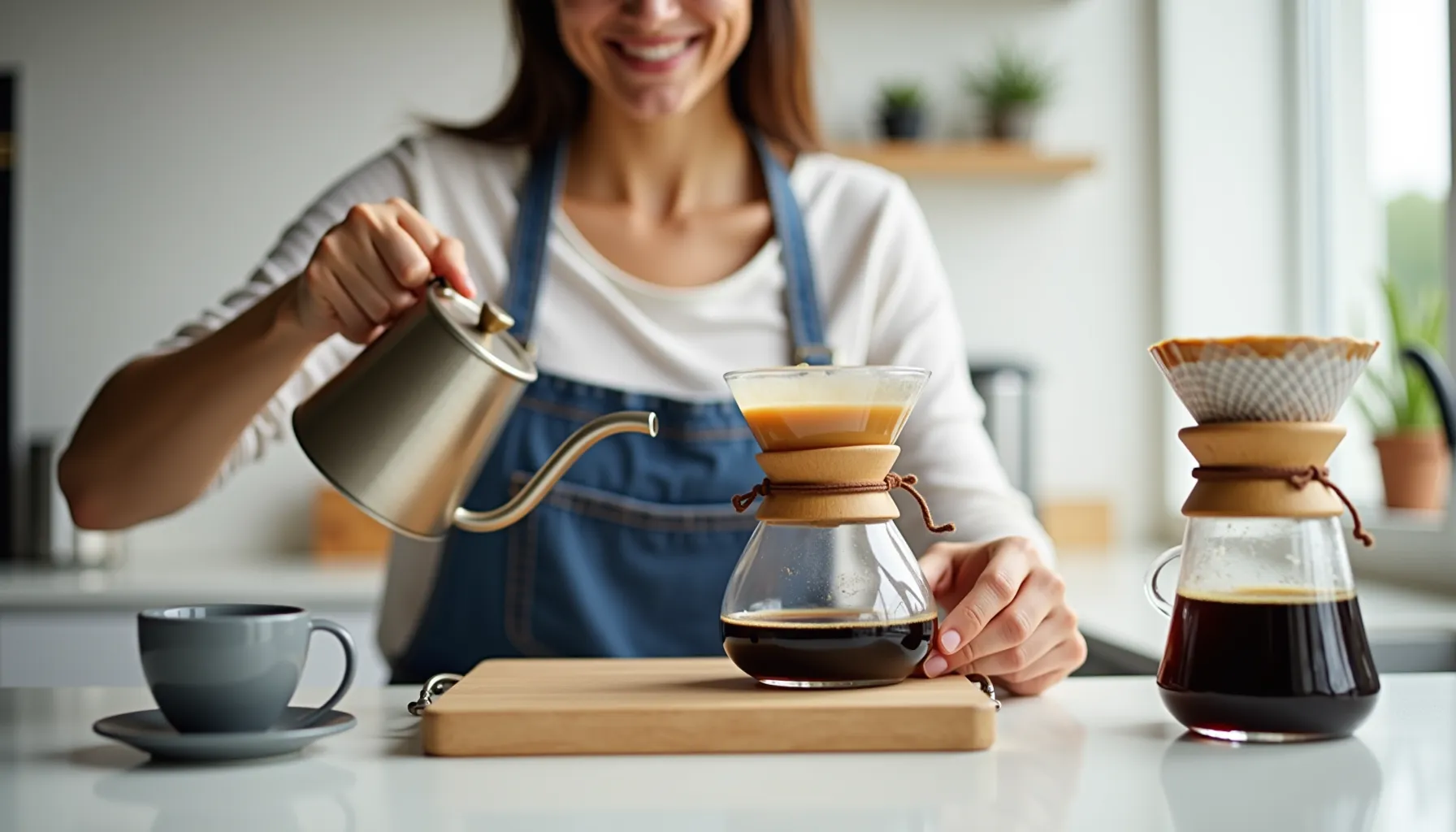 A woman brews coffee using a l'or coffee machine in a bright kitchen setting.