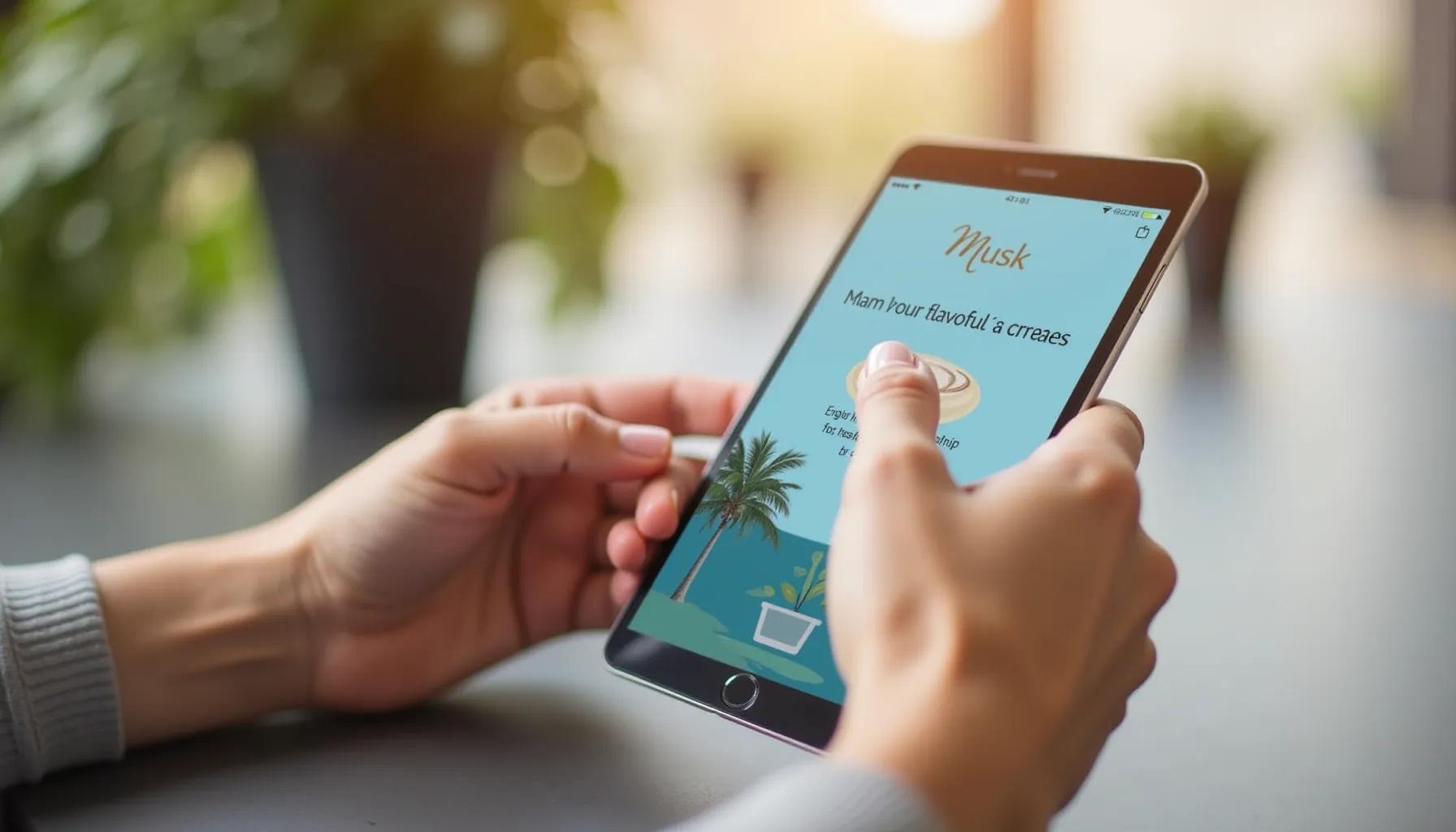 A person browsing an app for coffee pods cheap options while holding a tablet in a bright setting.