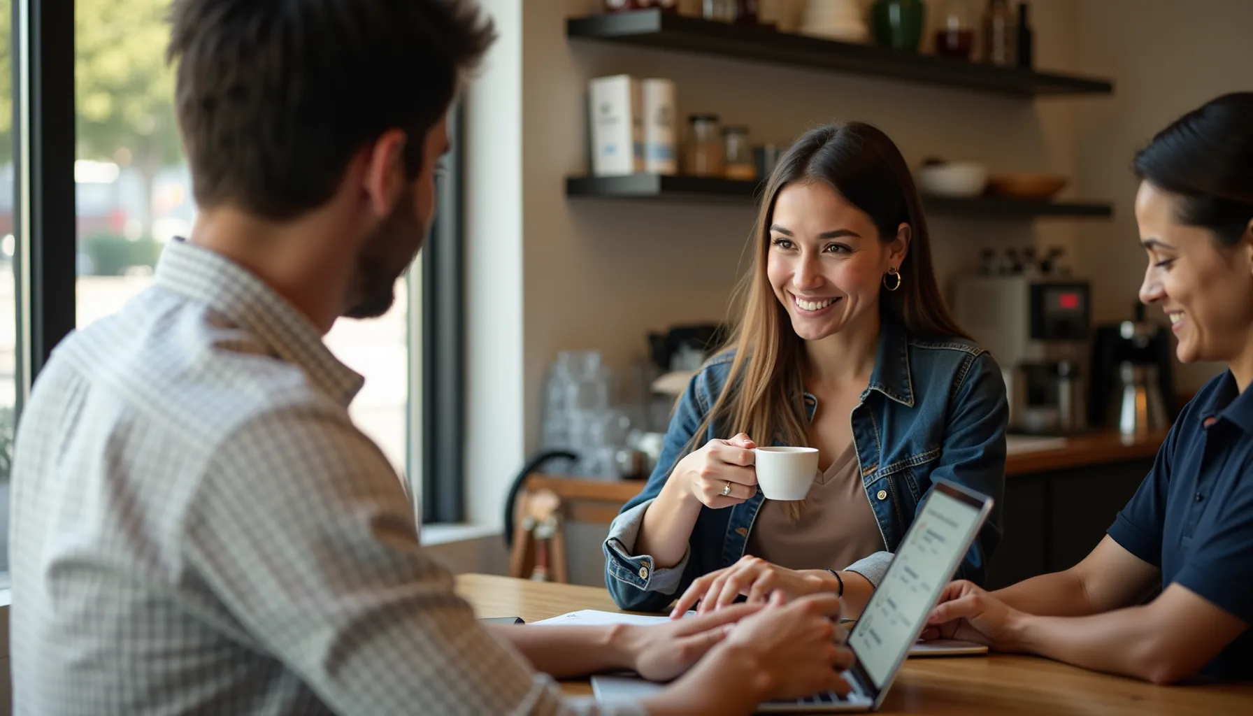 A group enjoys a lively conversation over gravity coffee at a cozy cafe table.