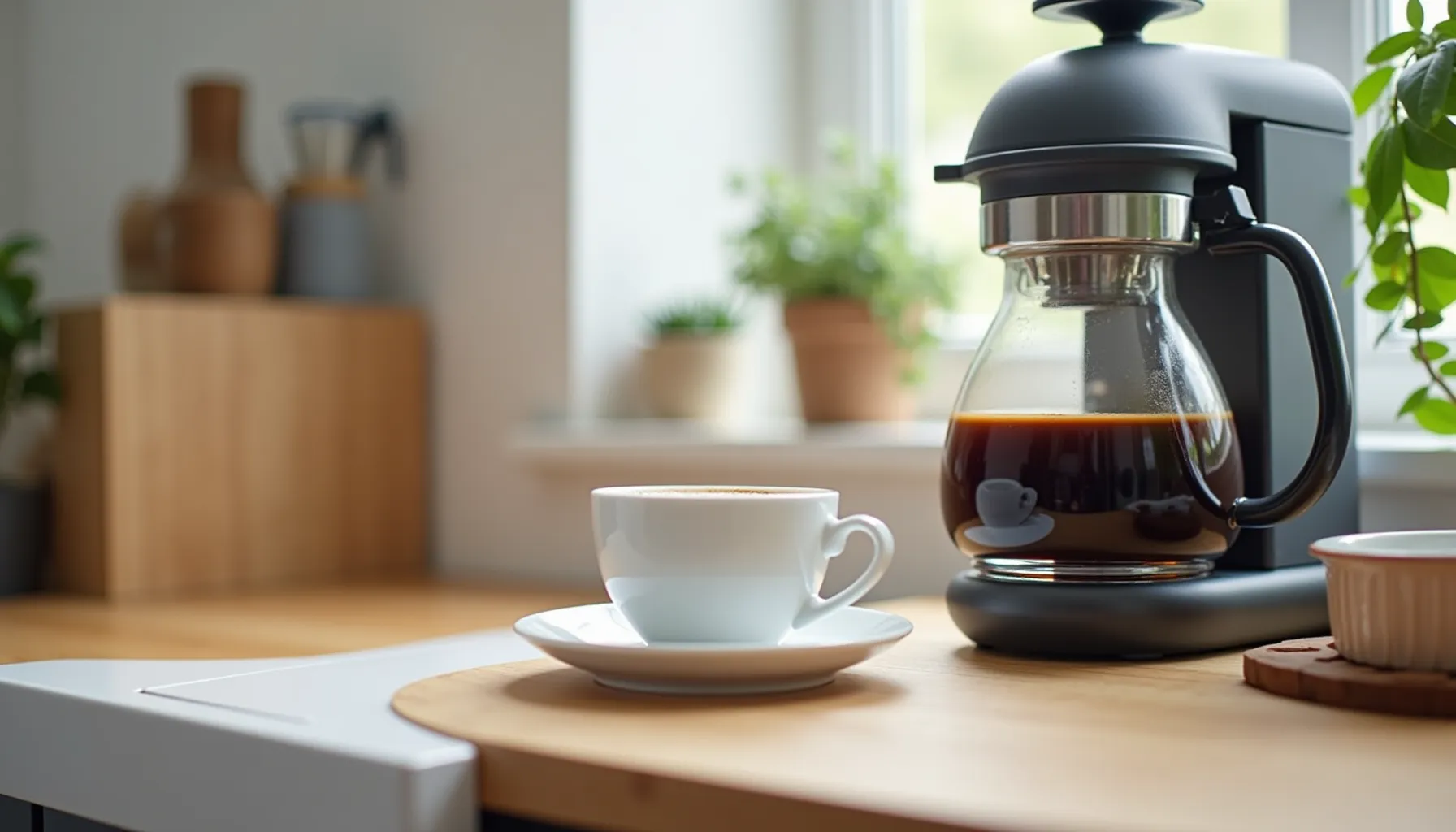 A cozy coffee bar decor featuring a coffee pot and a white cup on a wooden surface.