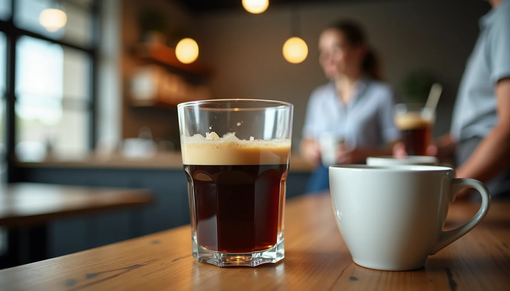 A glass of coffee from Kizler Coffee Pacifica sits on a wooden table with a white cup nearby.