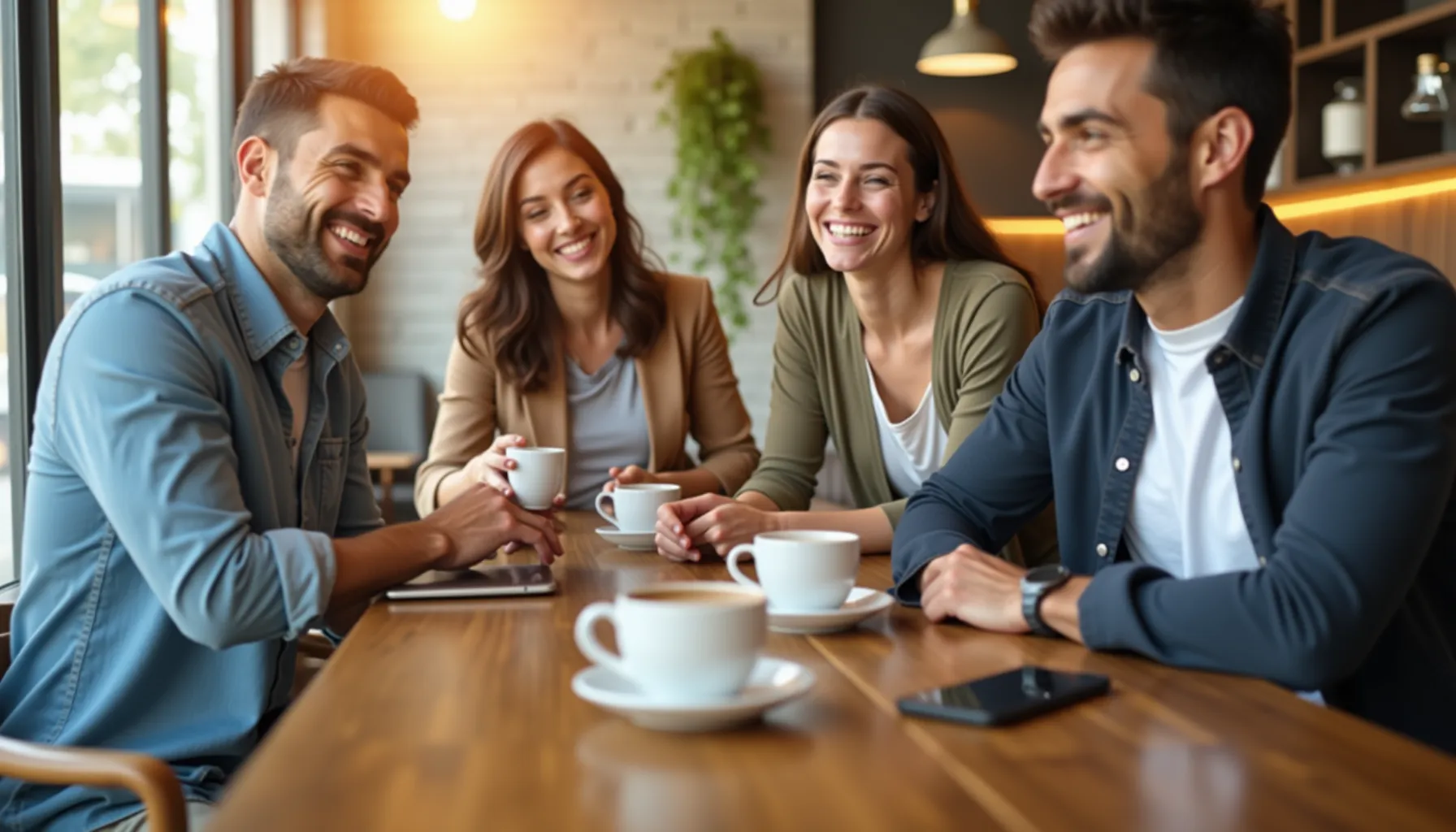 Friends enjoying cabin coffee together at a cozy wooden table in a warm, inviting café.