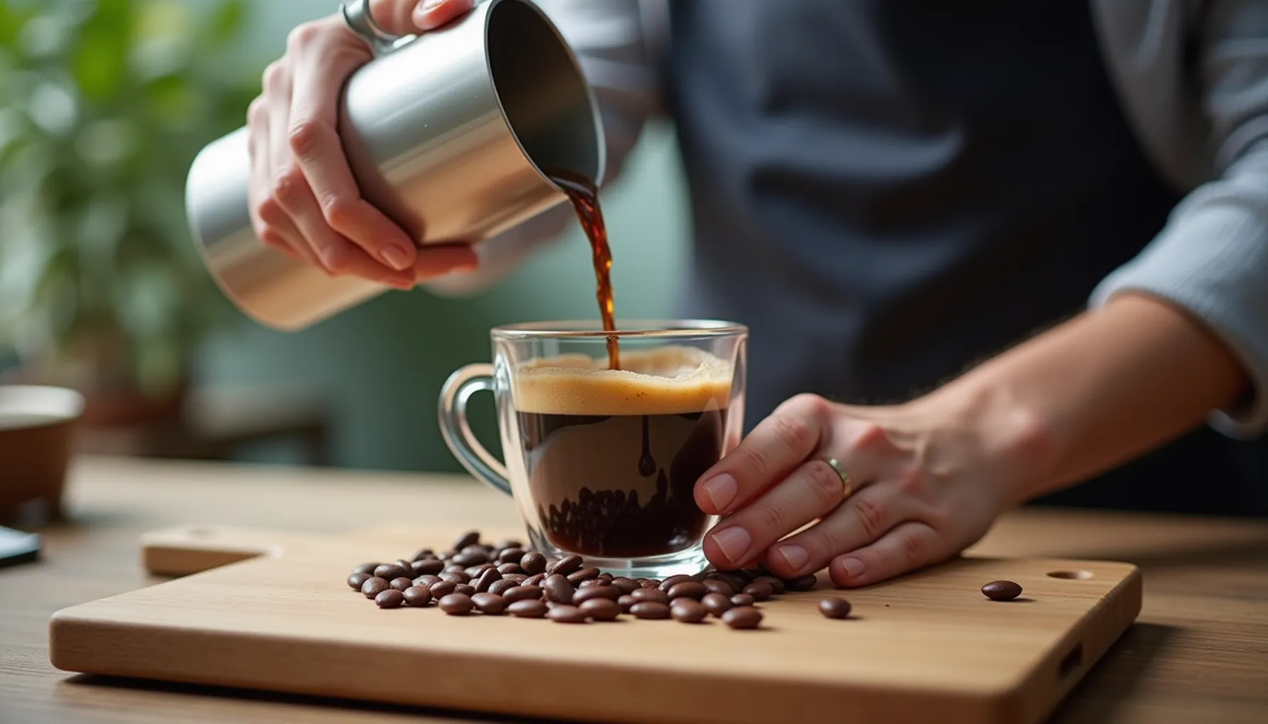 A person pours freshly brewed coffee into a glass while showcasing how coffee is made.