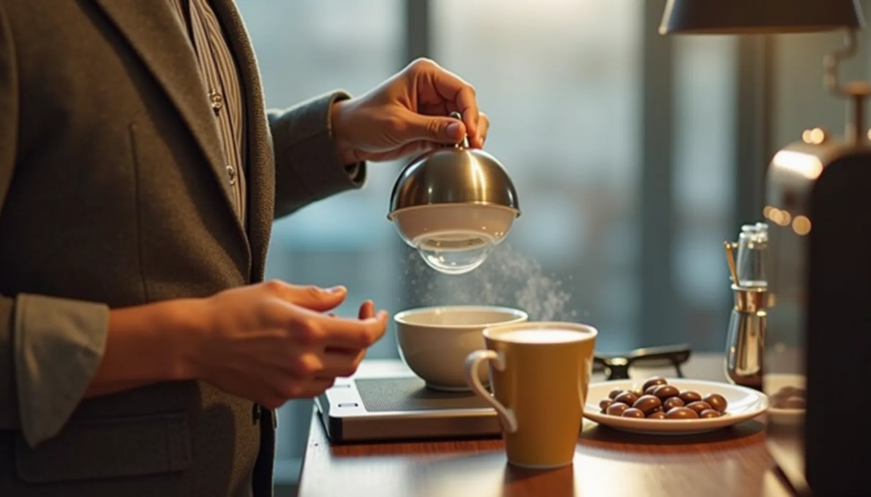 A person prepares coffee from a Starbucks coffee box, showcasing a steaming cup and snacks.