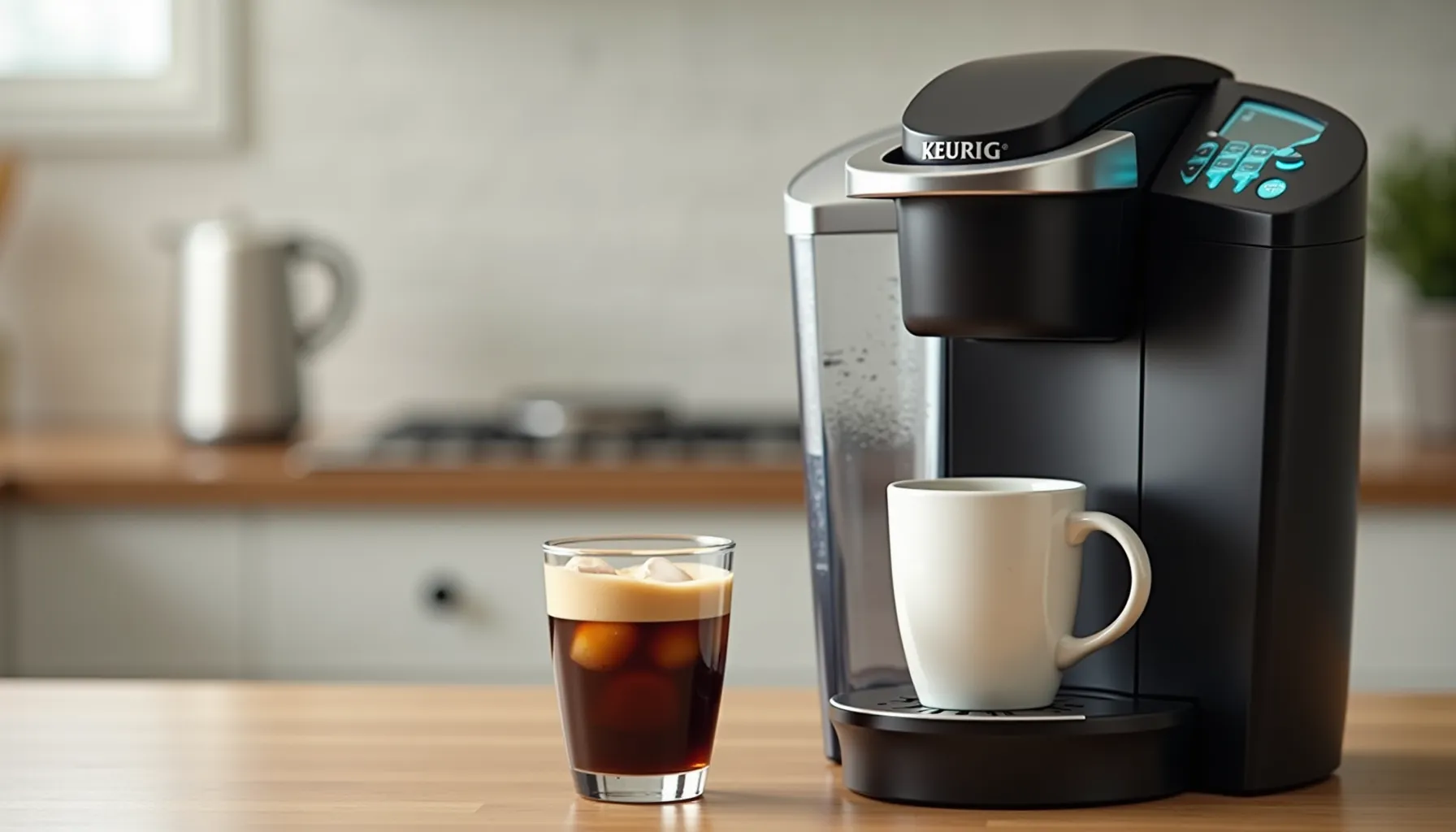 A Keurig coffee maker with iced coffee in a glass, illustrating how to make iced coffee with Keurig.