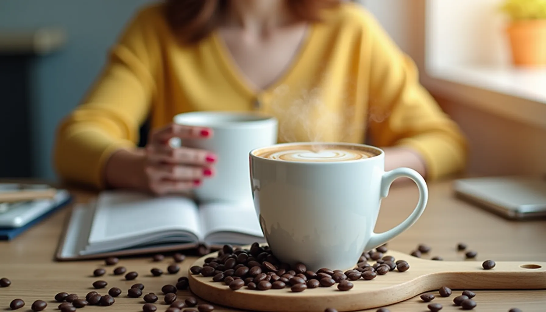 A steaming cup of coffee beside coffee beans, capturing ryze coffee reviews and a cozy atmosphere.