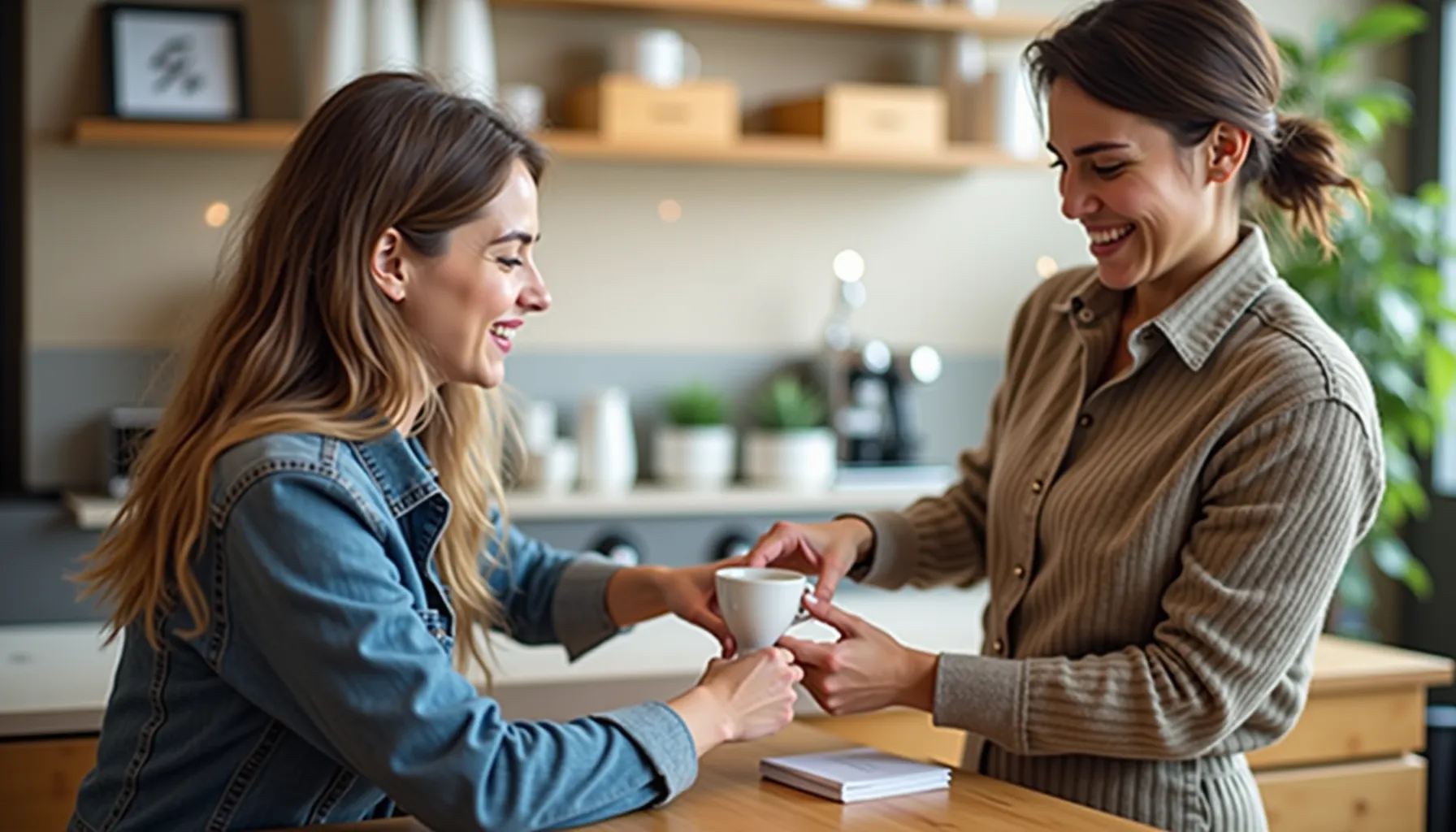 Two women happily exchanging coffee cups at a café featuring hungry ghost coffee.