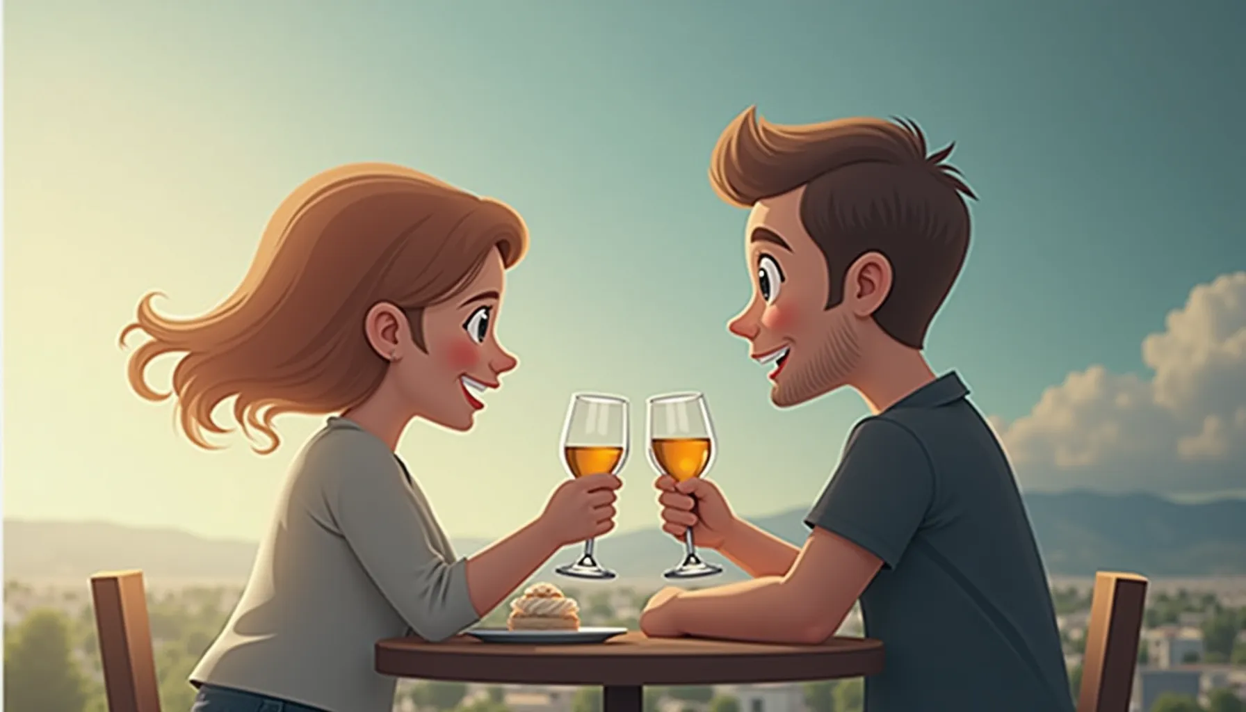 A couple toasting with drinks, representing the joy of coffee meets bagel worth.