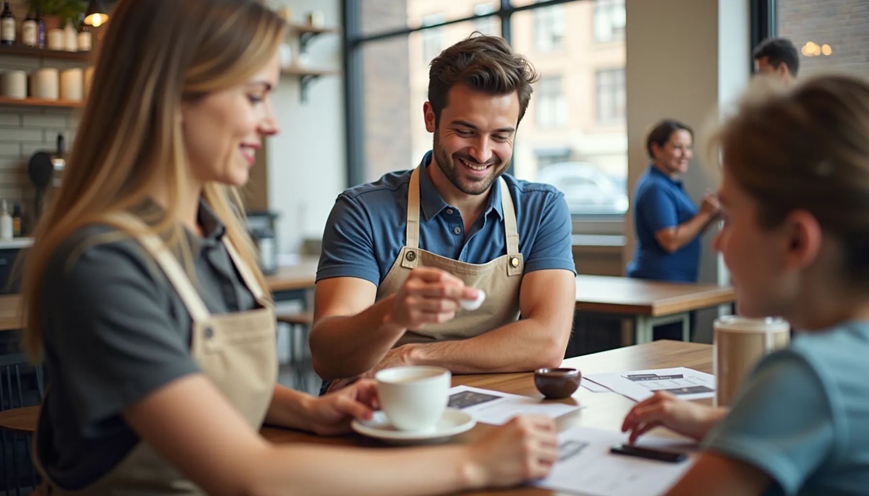 A friendly coffee shop scene showcasing the best coffee east village with smiling baristas and customers.