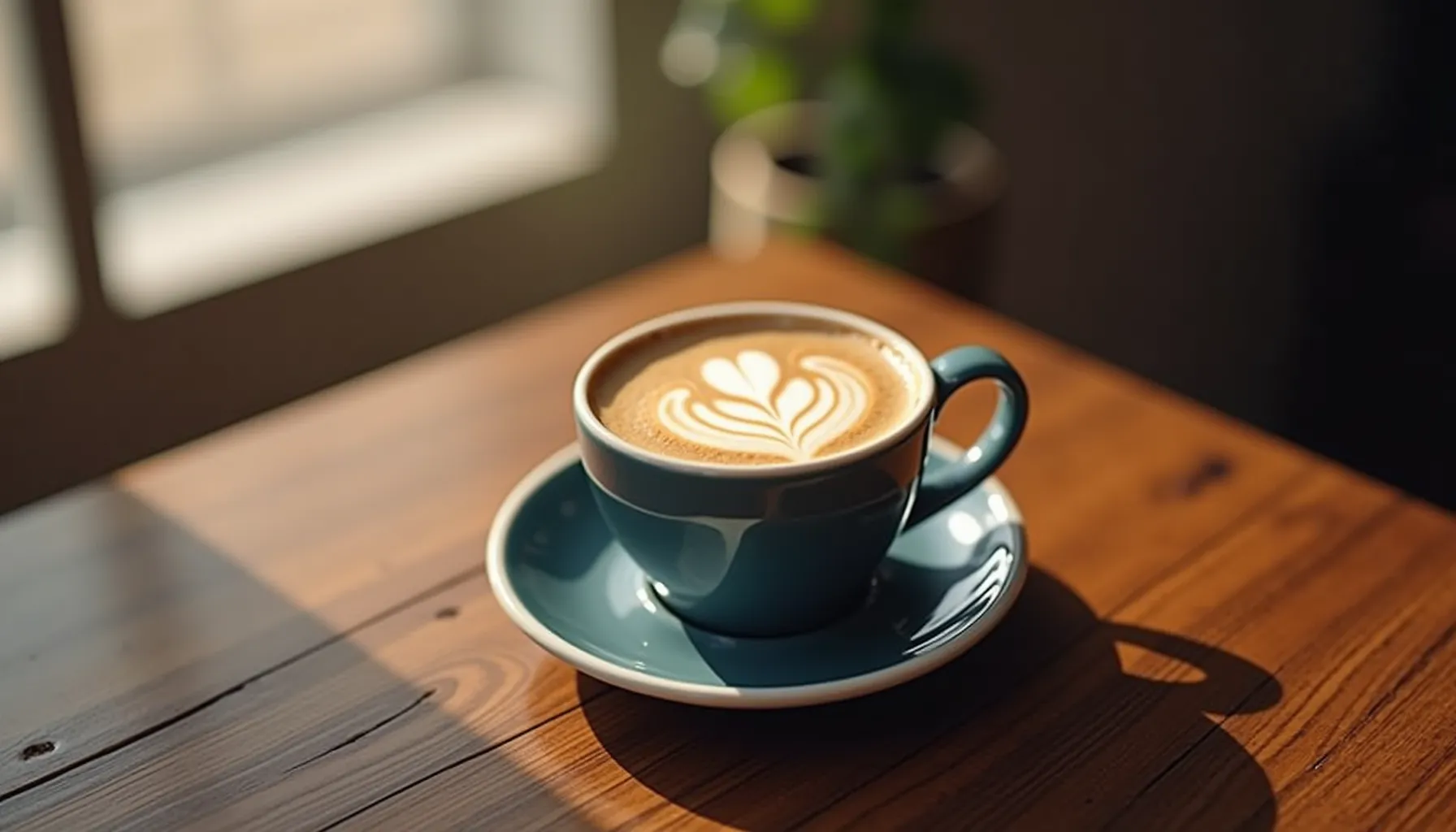 A beautifully crafted latte in a blue cup, raising the question: is coffee real healthy?