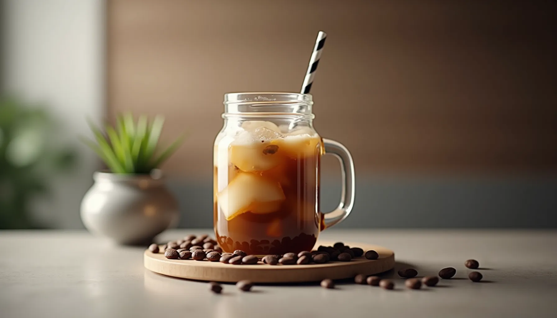 A refreshing glass of iced coffee surrounded by coffee beans, illustrating how to make iced coffee with Keurig.