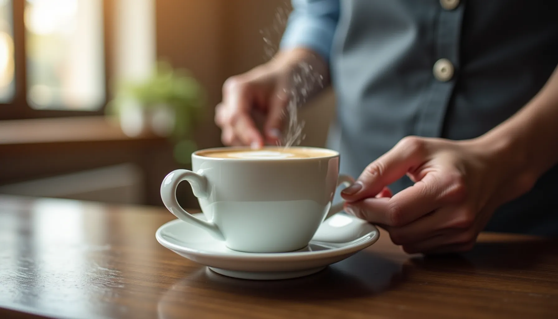 A barista adds cold stone coffee creamer to a steaming cup of coffee on a wooden table.