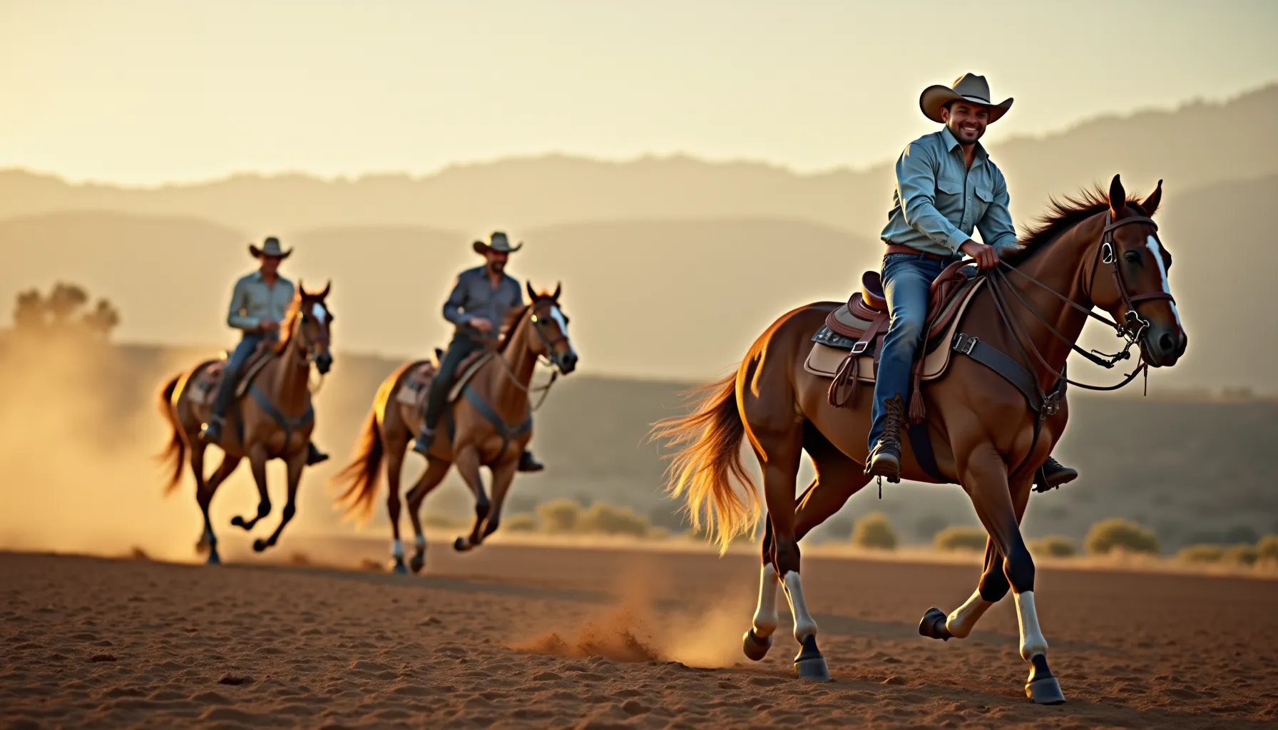 Three cowboys riding horses in a dusty landscape, enjoying a moment with their leon coffee.