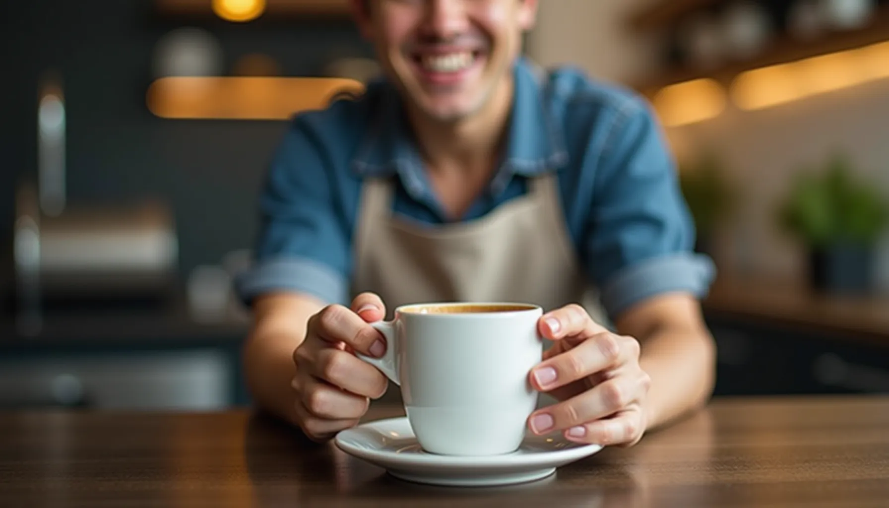 A smiling barista holds a cup of klatch coffee in a cozy café setting.