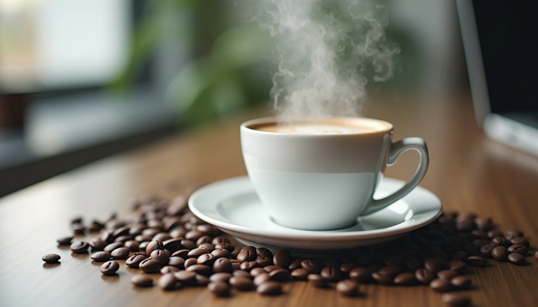 A coffee gif showing a steaming cup of coffee surrounded by coffee beans on a wooden table.