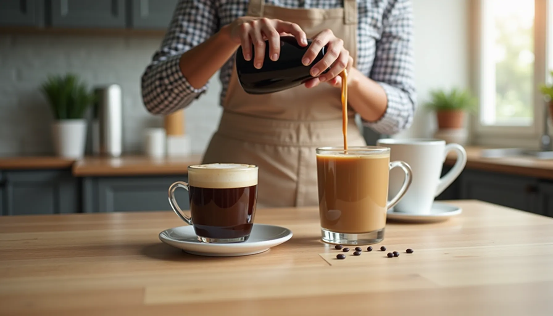 A person pouring a warm drink, showcasing a cup of decaf with soy milk next to a dark brew.