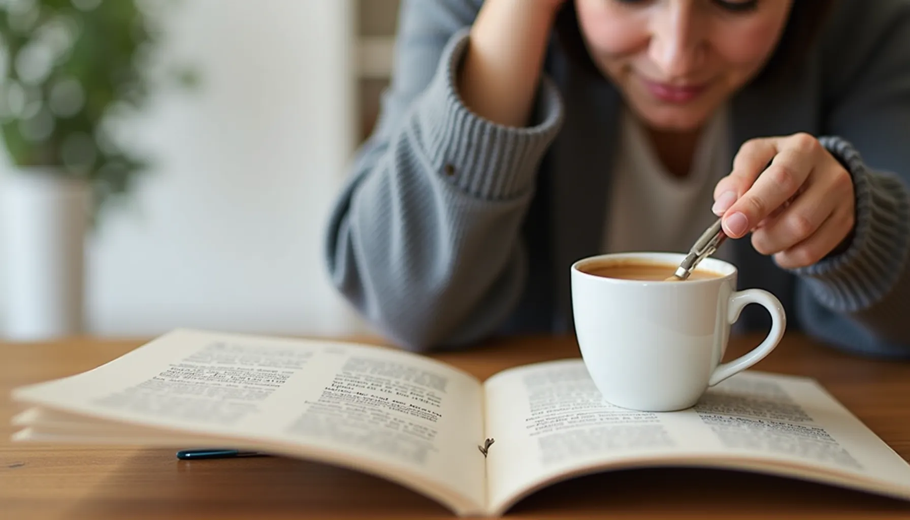 A woman stirs her coffee while looking at the black rifle coffee menu on the table.