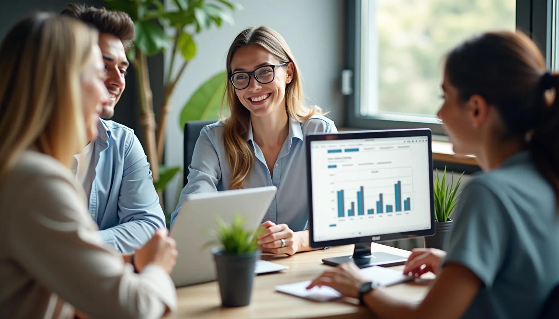 A team collaborates using content marketing software, analyzing data on computer screens.