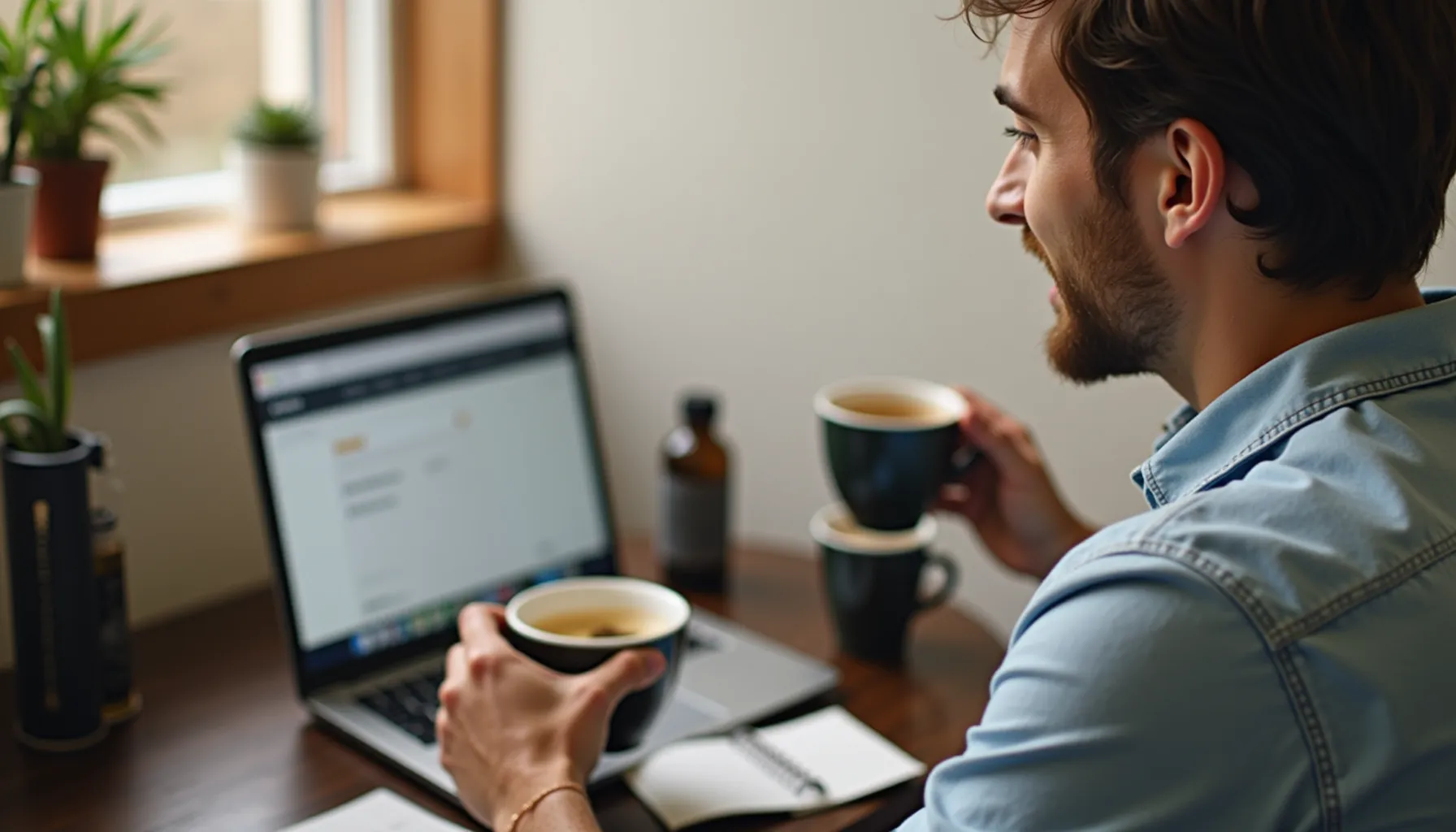 A man sits at a desk with a laptop, holding two cups of coffee near a coffee urn.