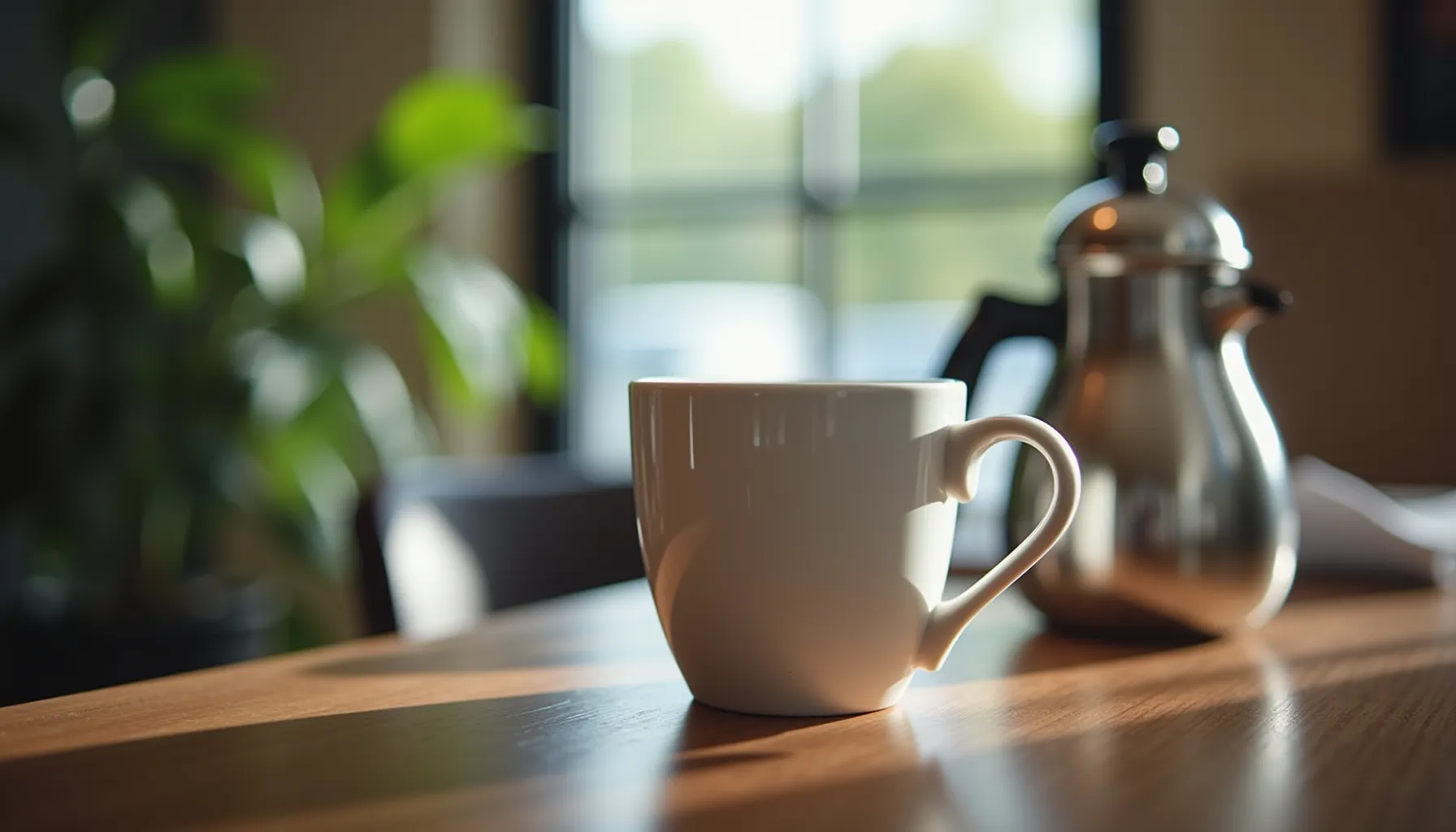 A steaming mug of bird rock coffee on a wooden table with a kettle in the background.