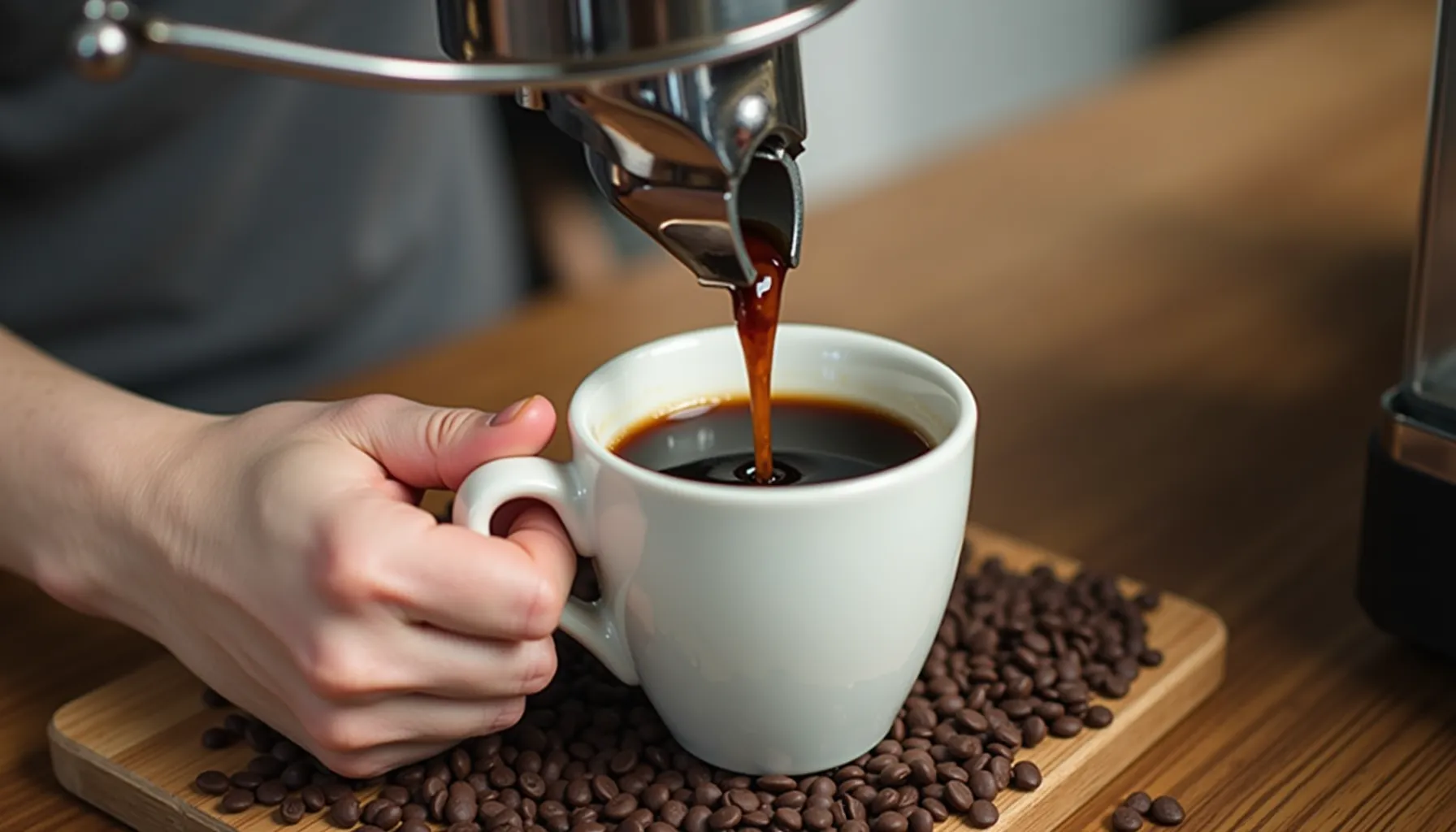 A hand pours rich coffee by design into a white cup surrounded by coffee beans on a wooden surface.