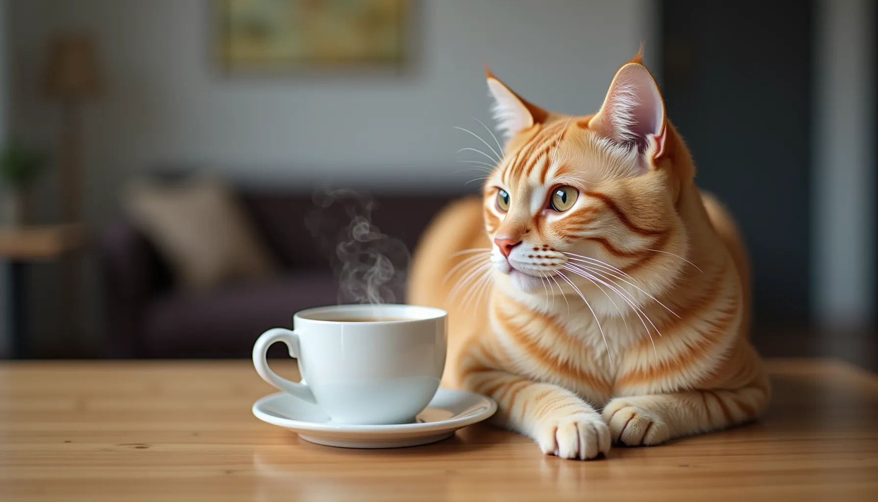 A cozy scene of a cat beside a steaming cup at Kitty Town Coffee, inviting relaxation and warmth.