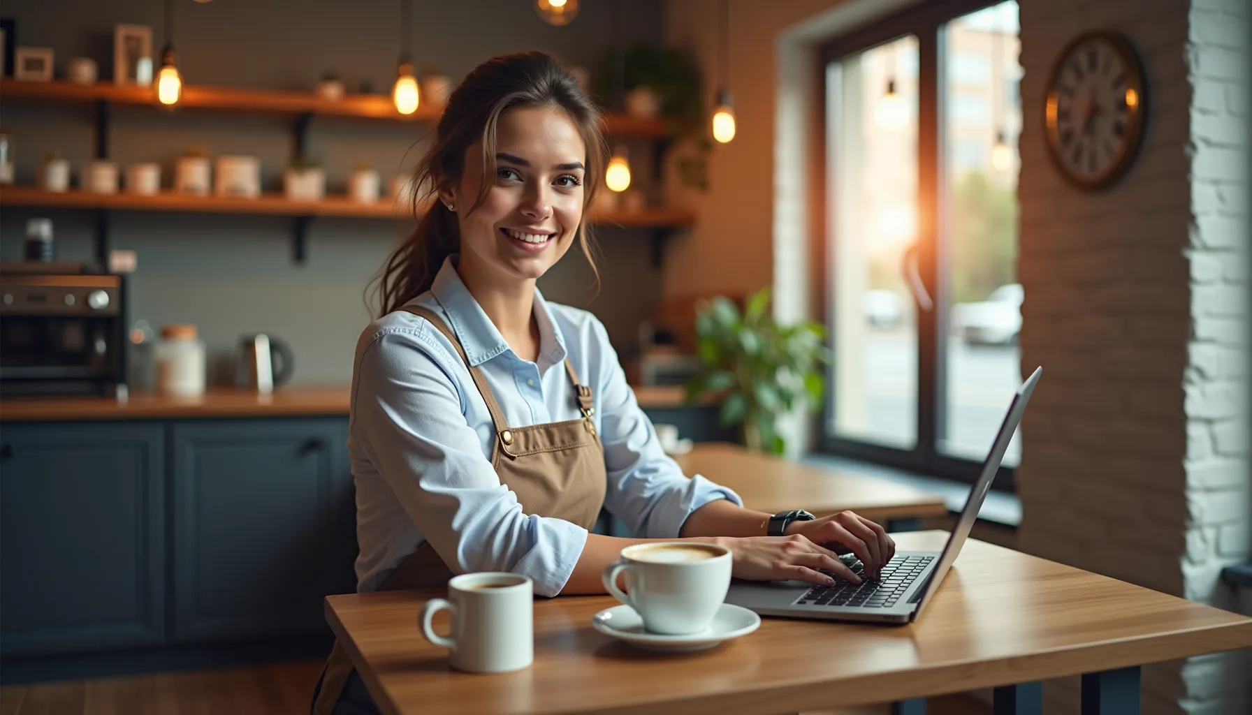 A woman enjoys ellianos coffee while working on her laptop in a cozy café setting.