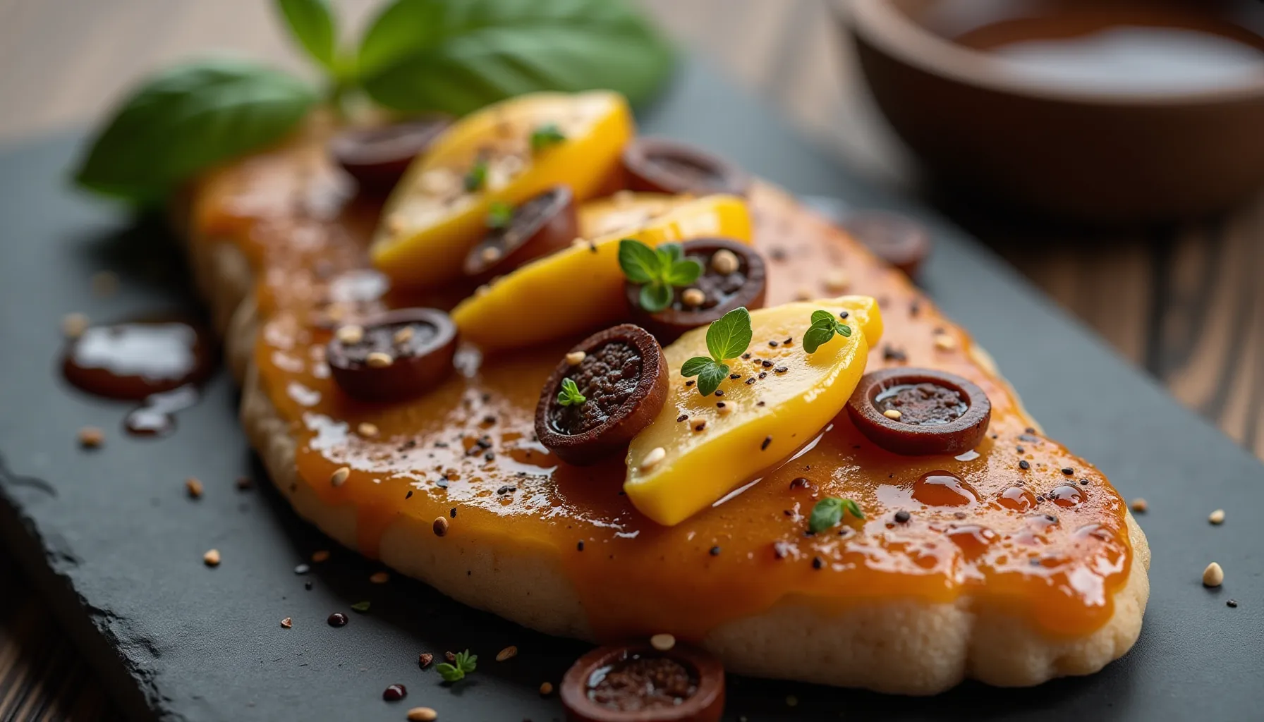 A beautifully plated dish featuring trout complemented by slices of mango and a side of coffee.