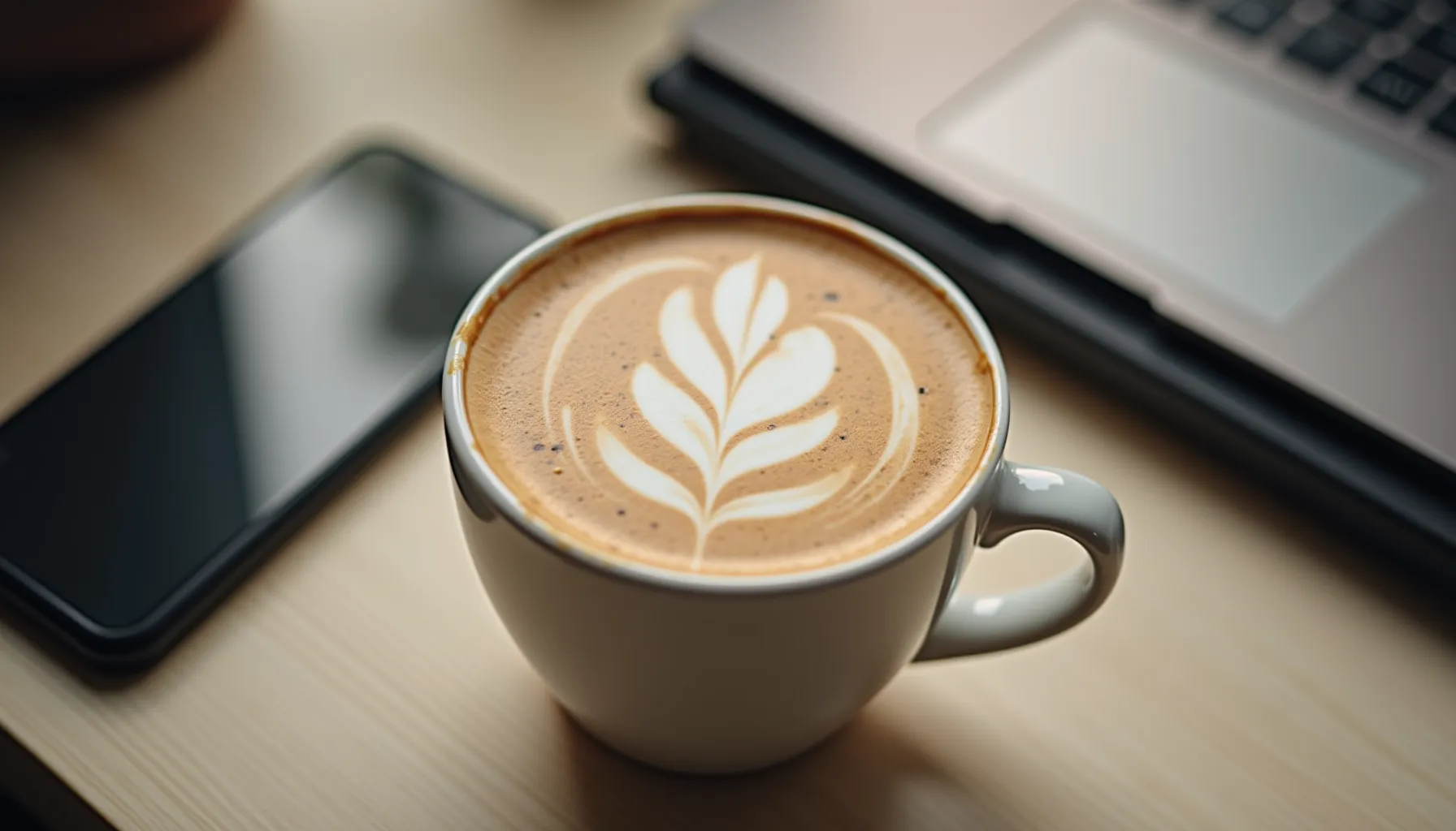 A beautifully crafted latte art in a white cup on a wooden table, perfect for a coffee gif.