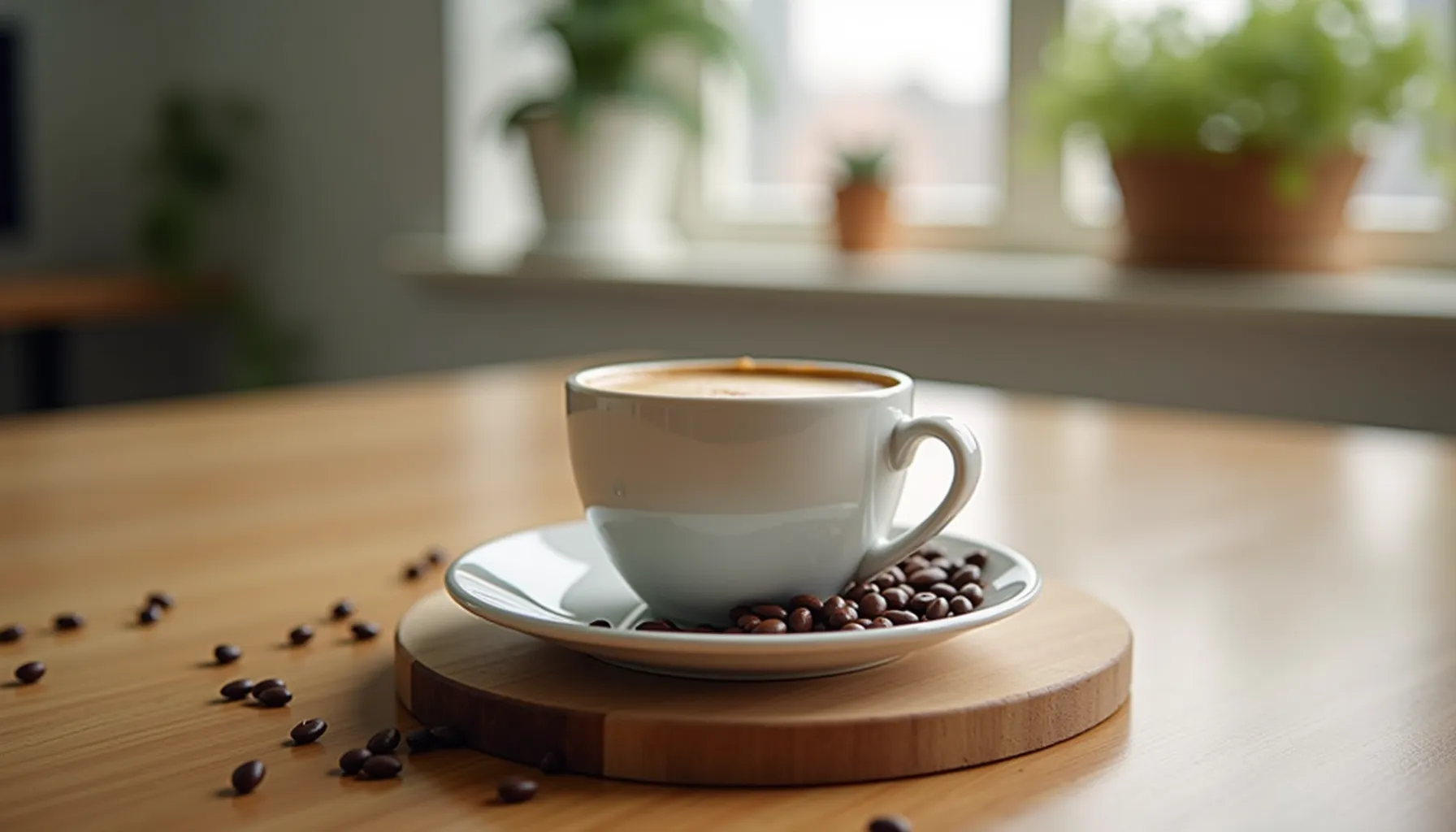 A steaming cup of coffee rests on a plate with a reusable coffee filter and coffee beans scattered around.