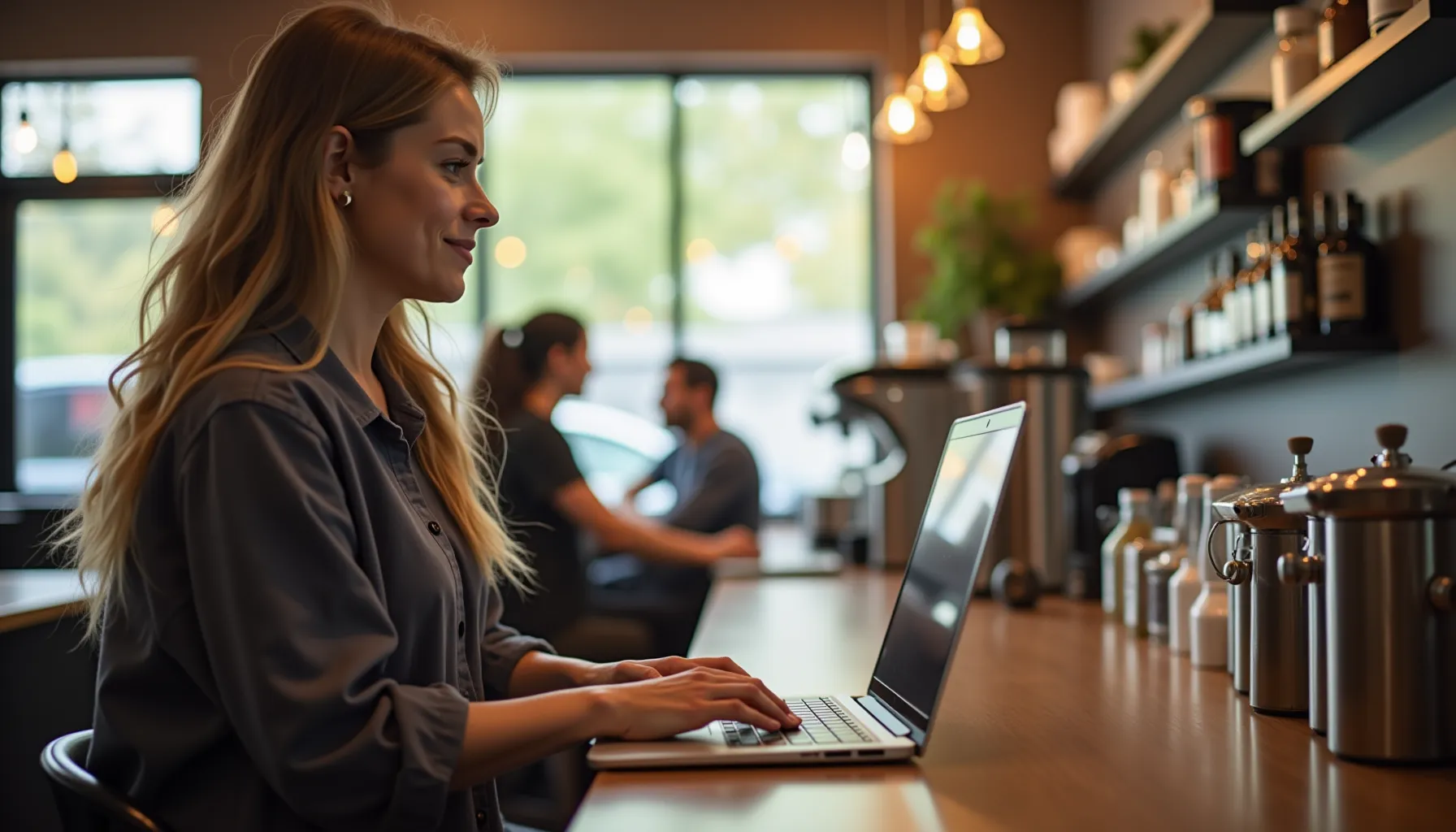 A woman works on her laptop at a cozy café named Lamppost Coffee with others enjoying conversations.