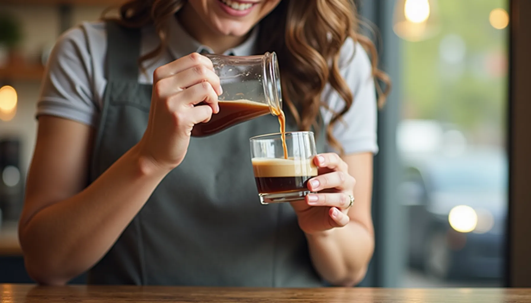 A barista pouring coffee into a glass, showcasing the best coffee in Nashville.