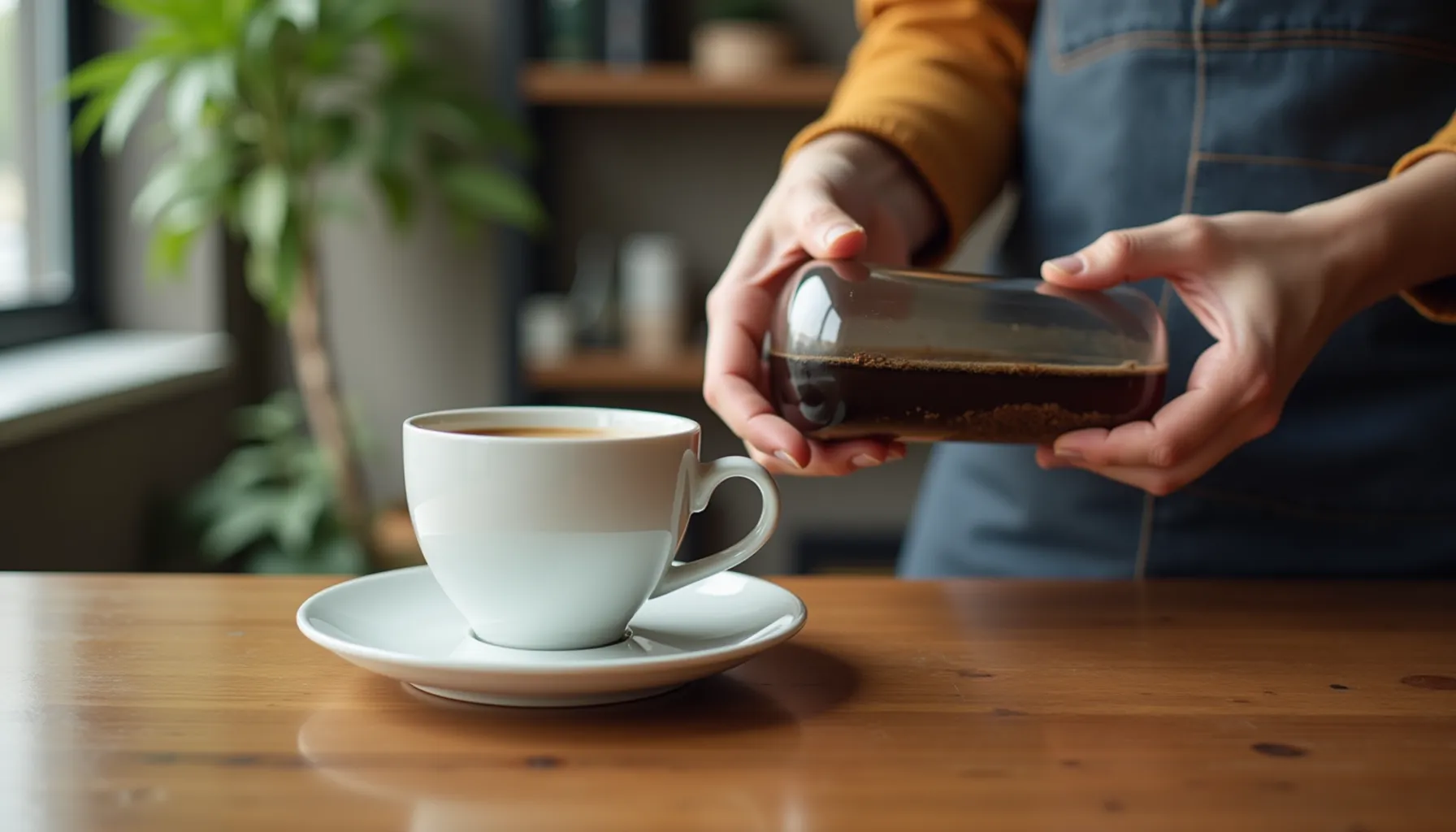 A person prepares a cup of kookaburra coffee, pouring freshly brewed coffee into a white mug.