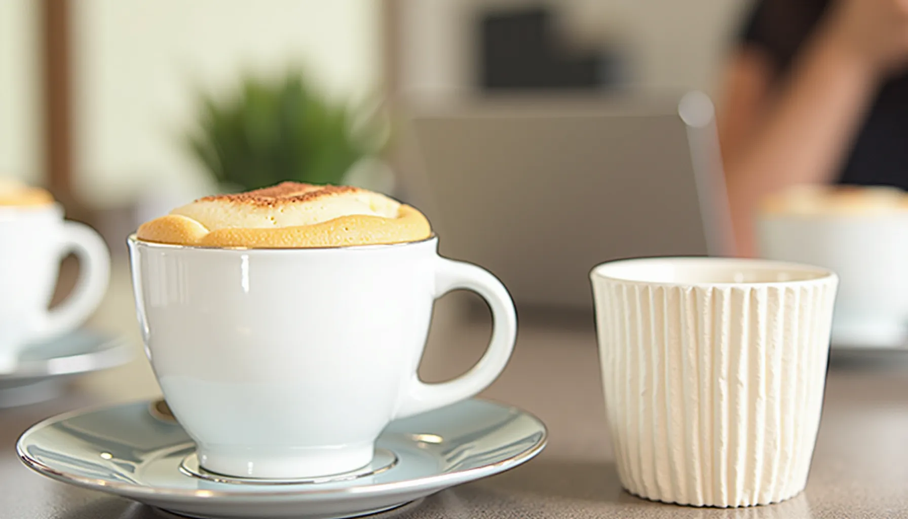 A freshly brewed drink is served in a white cup beside a Starbucks coffee box on a table.