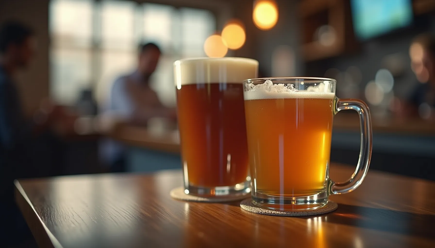 Two glasses of beer sit on a wooden table, symbolizing the unique taste of blackout coffee.