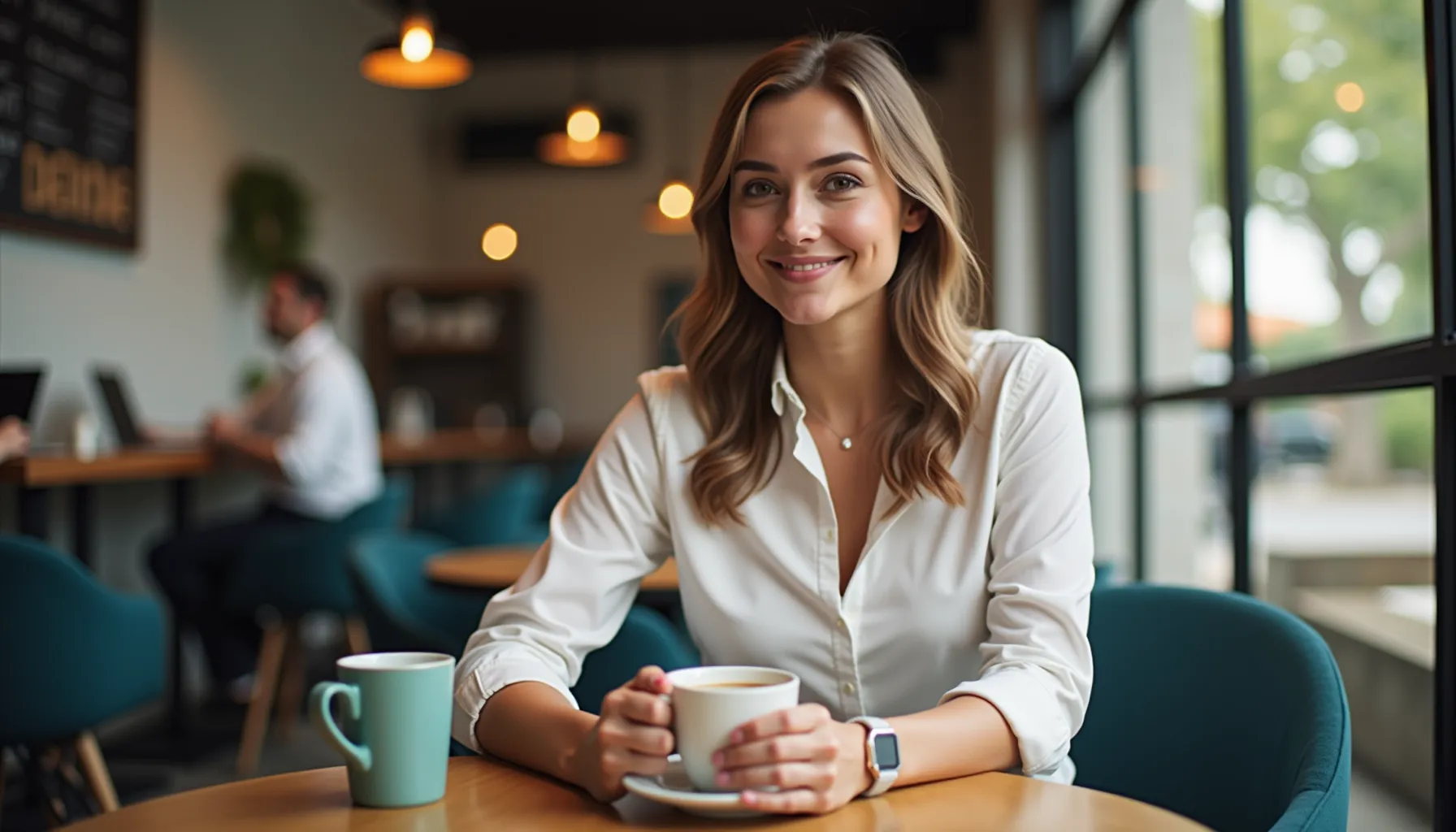 A woman smiles while enjoying kizler coffee pacifica at a cozy café with a modern ambiance.