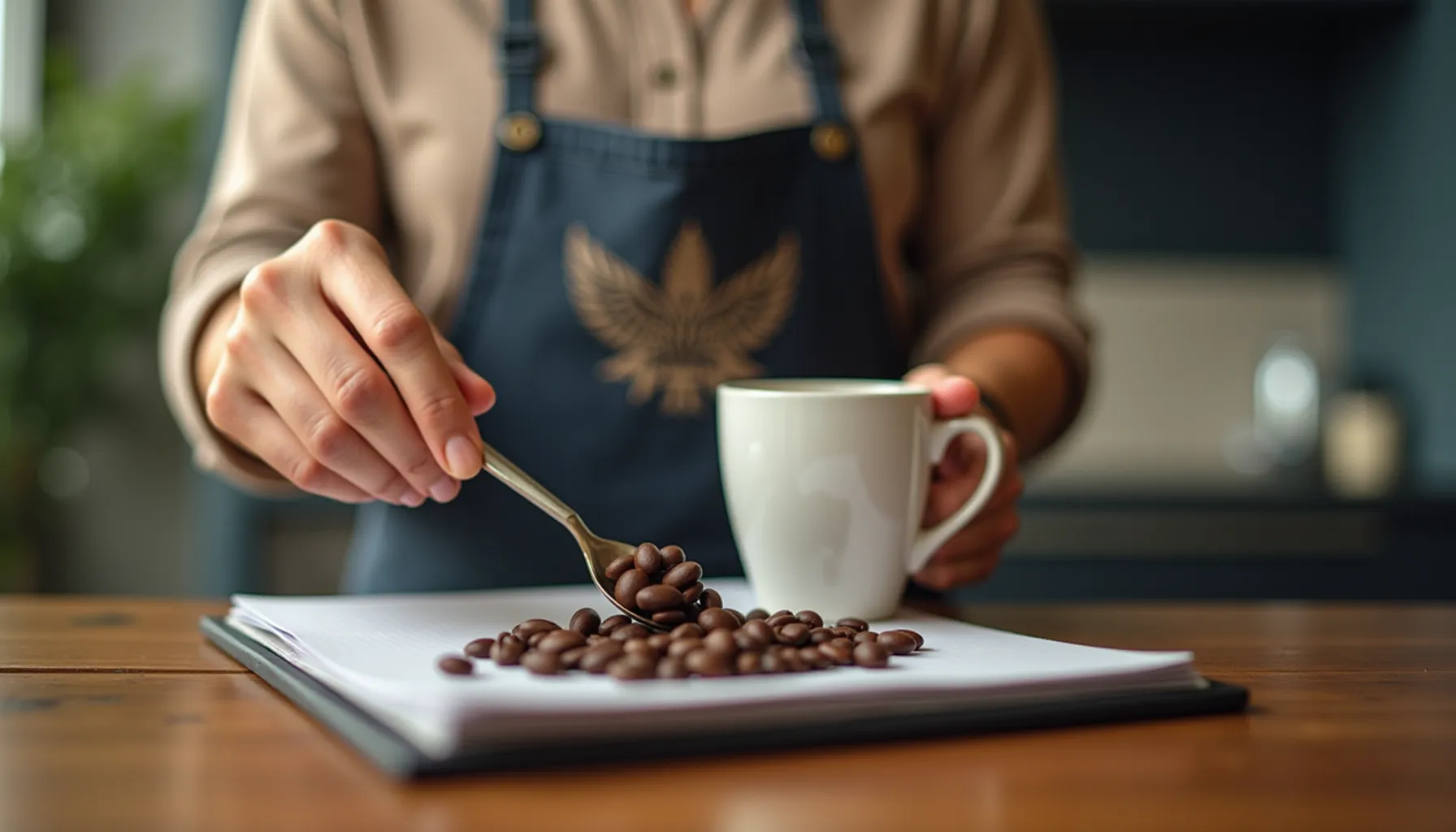 A person holding a cup of Cutters Point Coffee while placing coffee beans on a notebook.