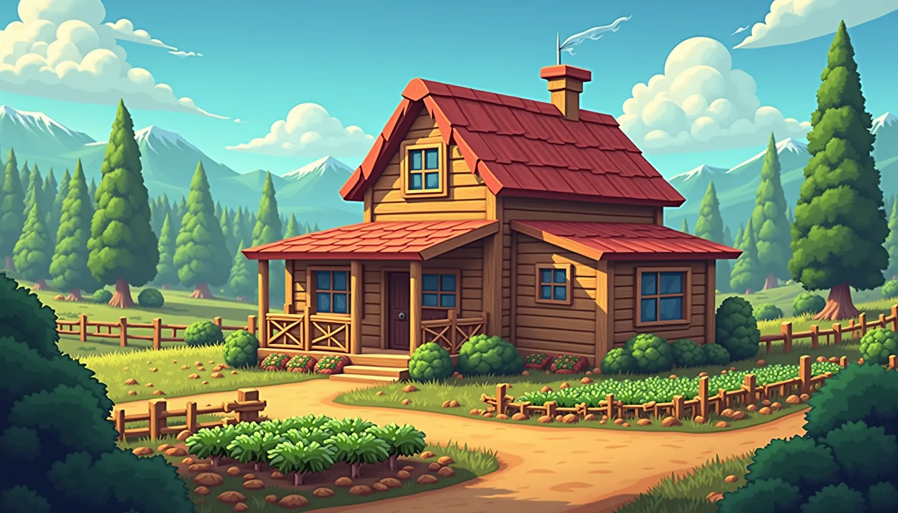 A serene landscape featuring a wooden house and a garden, highlighting a stardew valley coffee bean theme.