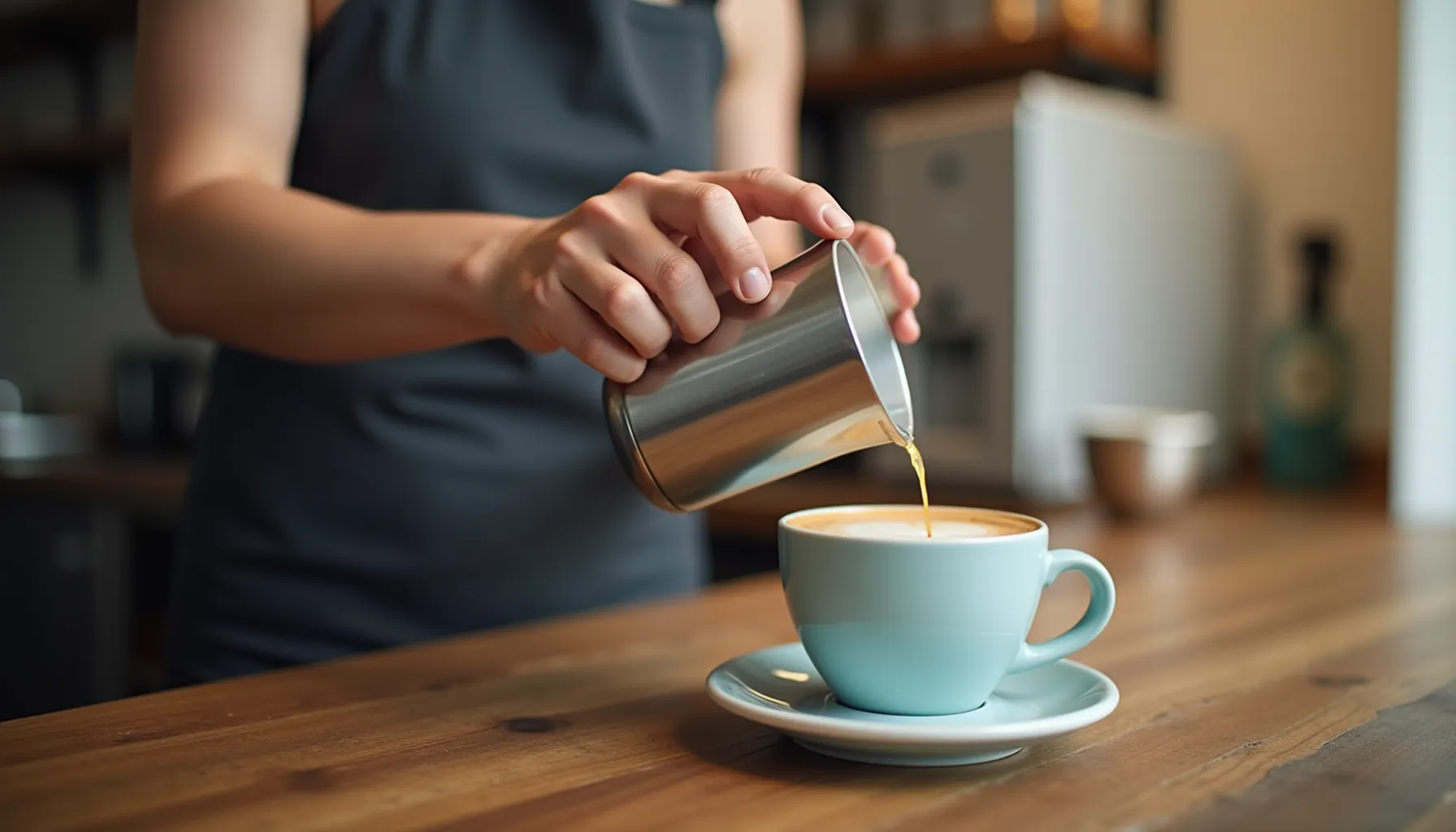 A barista skillfully pours coffee from a stainless steel pitcher at a coffee depot.