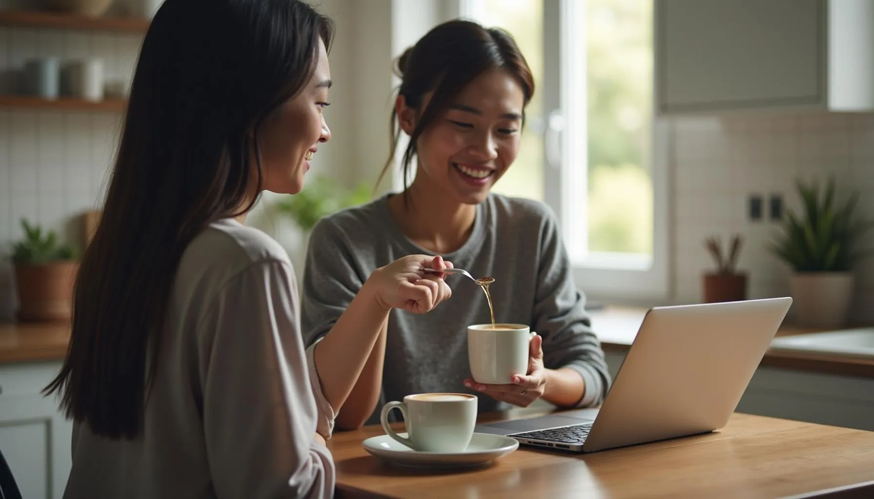 Two women enjoy coffee made with a Zojirushi coffee maker while using a laptop at home.