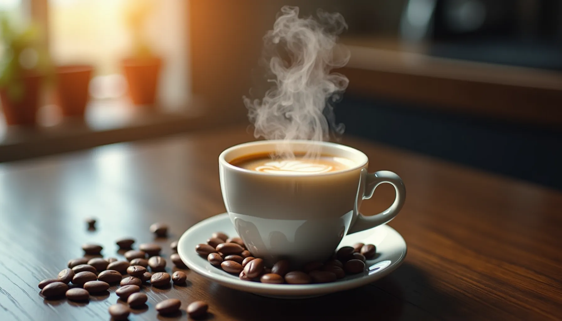 A steaming cup of wide awake coffee sits on a saucer surrounded by coffee beans.